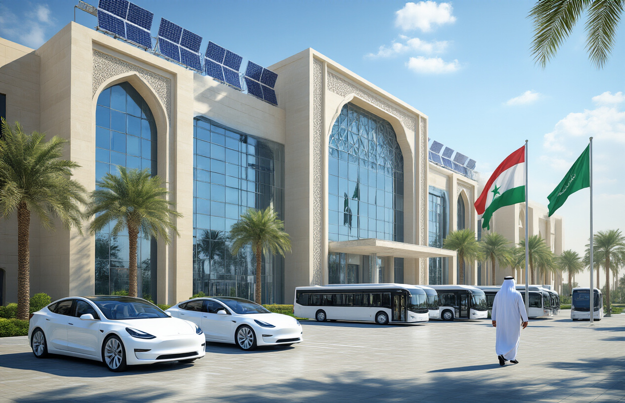 Create a realistic image of a modern Middle Eastern government building with distinctive Gulf architecture featuring glass facades and traditional Islamic design elements, with several electric vehicles including white Tesla sedans and electric buses parked in the foreground, solar panels visible on the building roof, Arabian Gulf flags on flagpoles, palm trees lining the entrance, clear blue sky with bright sunlight, and a Middle Eastern male government official in traditional white thobe walking near the building entrance, conveying a sense of progress and modernization. Absolutely NO text should be in the scene.