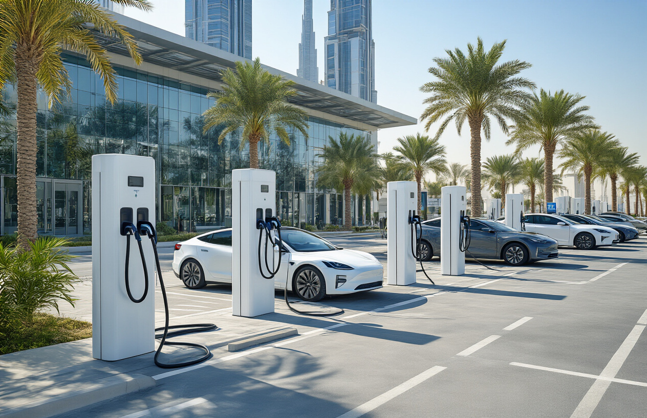 Create a realistic image of a modern electric vehicle charging station in a Gulf country setting with multiple white charging posts equipped with cables and connectors, sleek electric cars plugged in for charging, contemporary Middle Eastern architecture in the background featuring glass and steel buildings, palm trees lining the area, clear blue sky with bright sunlight creating sharp shadows, well-maintained concrete surfaces with designated parking spaces, and a clean urban environment that reflects technological advancement and infrastructure development, absolutely NO text should be in the scene.
