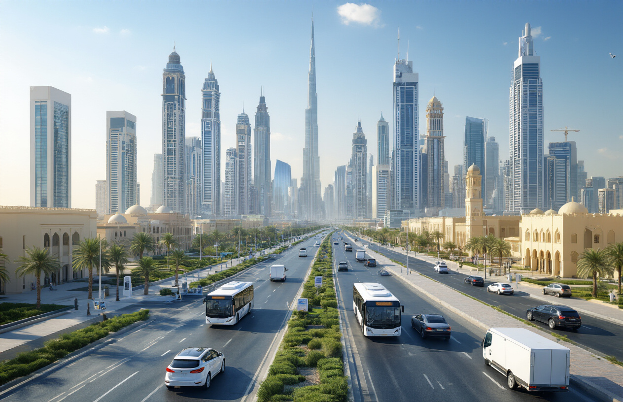 Create a realistic image of a modern Gulf city skyline with gleaming skyscrapers and traditional architecture, featuring electric vehicles including buses, cars, and delivery trucks on clean wide roads, with visible charging stations integrated into the urban landscape, solar panels on building rooftops, and subtle visual elements suggesting economic prosperity like new infrastructure and green spaces, under bright Middle Eastern sunlight with clear blue skies, absolutely NO text should be in the scene.