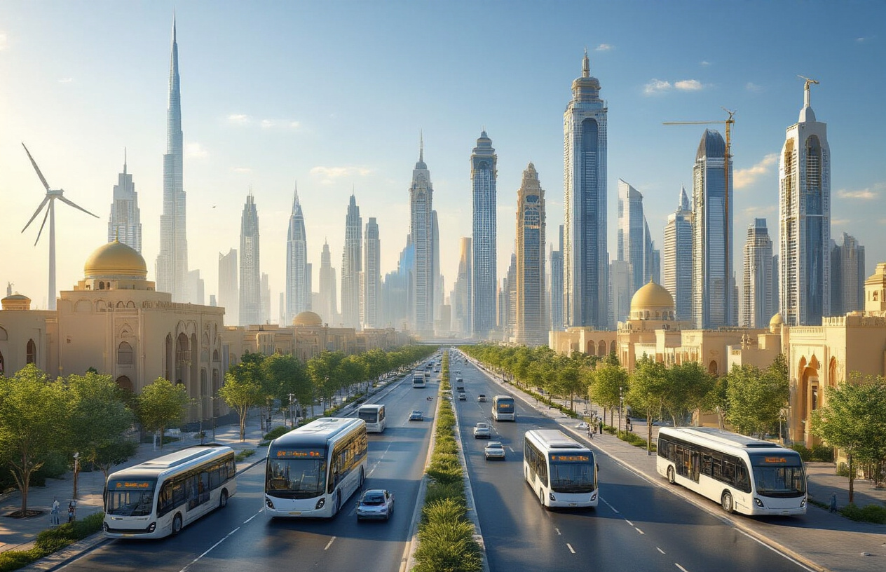 Create a realistic image of a modern Gulf city skyline with gleaming skyscrapers and traditional architecture under a clear blue sky, featuring electric buses and cars on clean streets in the foreground, with solar panels visible on building rooftops, wind turbines in the distance, and lush green trees lining the roads, showing reduced air pollution with crystal clear visibility, warm golden lighting suggesting environmental progress and sustainability, absolutely NO text should be in the scene.