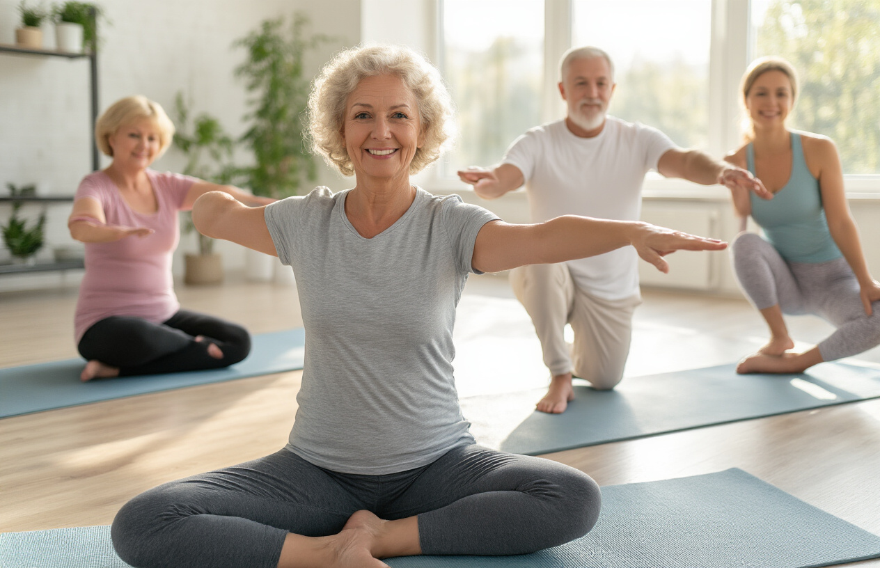 Create a realistic image of a diverse group of mature adults aged 50+ demonstrating basic stretching positions in a bright, airy fitness studio with white male instructor showing proper form for hamstring stretch, black female participant doing shoulder rolls, and white female participant performing gentle neck stretches, all wearing comfortable workout clothes on yoga mats with natural lighting streaming through large windows, peaceful and encouraging atmosphere focused on gentle movement and wellness, absolutely NO text should be in the scene.