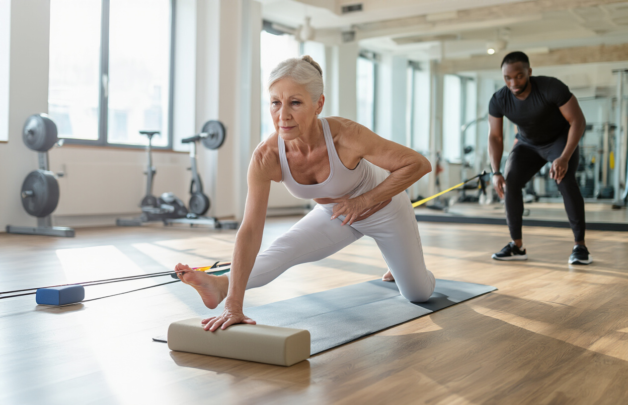 Create a realistic image of a fit white female in her 50s performing an advanced stretching technique in a professional fitness studio, demonstrating deep flexibility while using props like yoga blocks and resistance bands, with another black male fitness instructor in the background observing her form, modern gym equipment visible along the walls, bright natural lighting streaming through large windows creating an energetic and focused atmosphere, wooden floors and mirrors reflecting the dedicated training session, absolutely NO text should be in the scene.