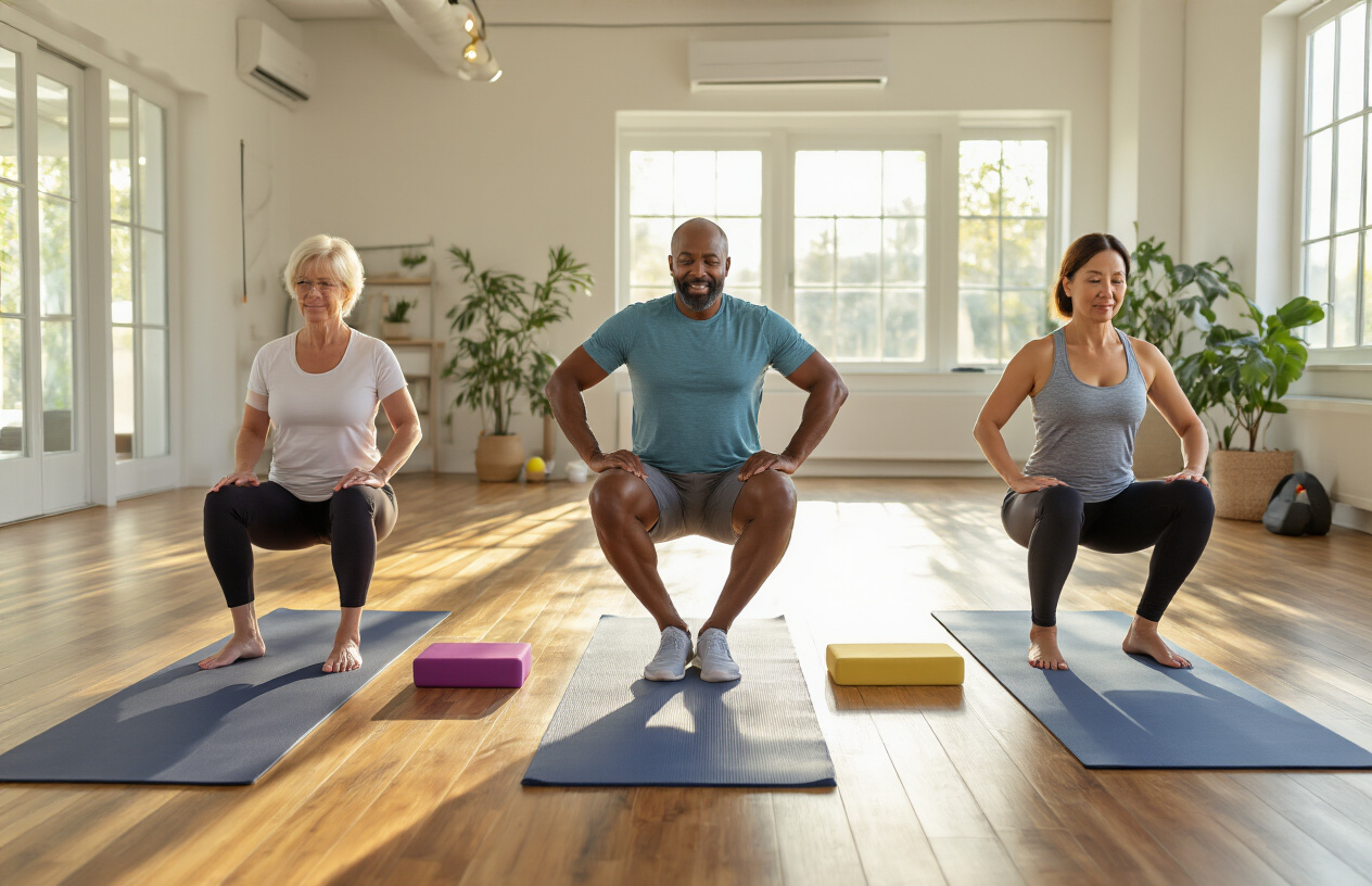 Create a realistic image of a diverse group of three people in their 50s - one white female, one black male, and one Asian female - in a bright, modern fitness studio with wooden floors and large windows, each person demonstrating different stretching modifications and using props like yoga blocks, resistance bands, and wall support to overcome flexibility limitations, with encouraging expressions showing determination and progress, warm natural lighting streaming through windows, exercise mats spread on the floor, and a calm, supportive atmosphere that conveys overcoming physical challenges through adaptive techniques, absolutely NO text should be in the scene.