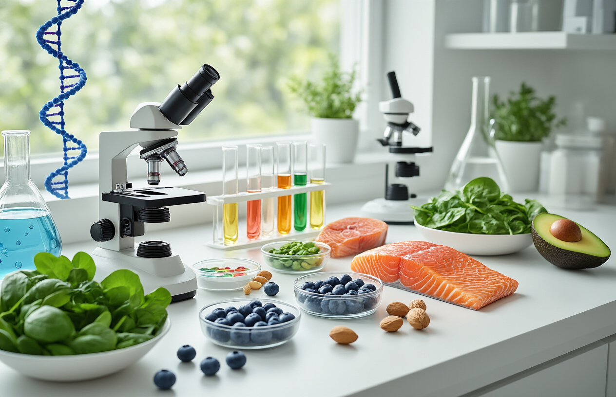 Create a realistic image of a modern laboratory setting with scientific equipment including microscopes, test tubes, and petri dishes containing colorful antioxidant compounds, surrounded by fresh superfoods like blueberries, spinach, salmon, nuts, and avocados arranged on a clean white laboratory bench, with soft natural lighting from a window creating a professional research atmosphere, featuring DNA double helix models and molecular structure diagrams visible in the background, absolutely NO text should be in the scene.