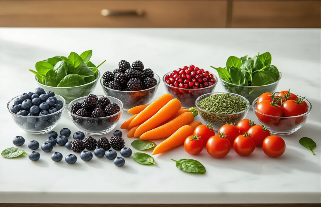 Create a realistic image of a beautifully arranged collection of antioxidant-rich superfoods on a clean white marble countertop, featuring fresh blueberries, blackberries, pomegranate seeds, dark leafy spinach, vibrant orange carrots, rich purple grapes, bright red tomatoes, and green tea leaves artfully displayed in elegant glass bowls and scattered naturally around the surface, with soft natural lighting streaming from the left side creating gentle shadows and highlighting the vibrant colors and textures of the fresh produce, set against a minimalist kitchen background with warm wood accents, conveying a healthy and rejuvenating atmosphere, absolutely NO text should be in the scene.