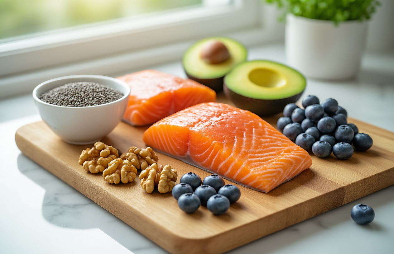 Create a realistic image of a wooden cutting board displaying omega-3 rich foods including fresh salmon fillet, walnuts, chia seeds in a small bowl, and avocado halves, with a heart-shaped arrangement of blueberries nearby, set on a clean white marble kitchen countertop with soft natural lighting from a window, creating a healthy and vibrant mood that emphasizes brain and heart health benefits, absolutely NO text should be in the scene.