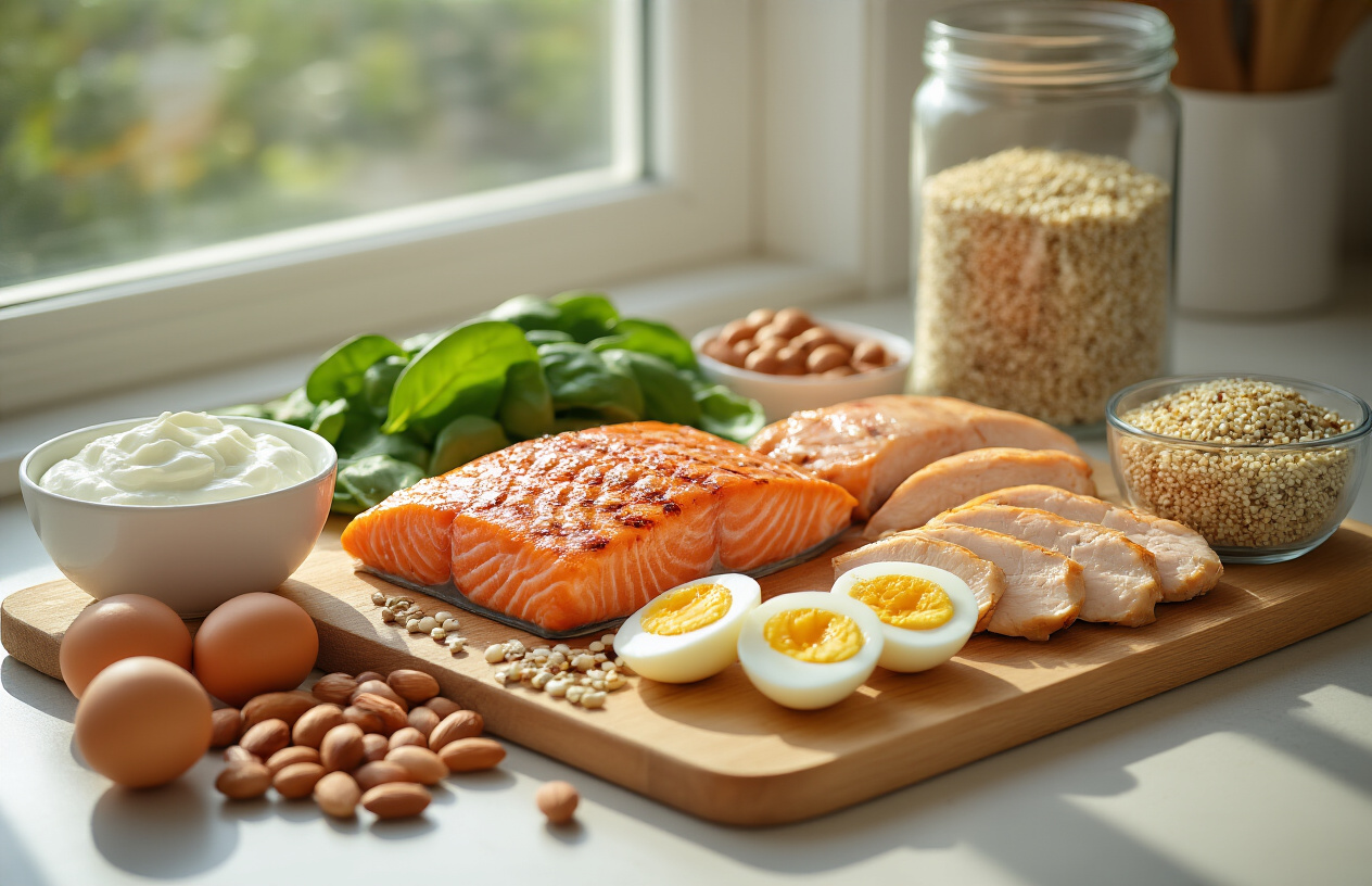 Create a realistic image of a wooden cutting board featuring high-protein anti-aging foods including grilled salmon fillet, cooked chicken breast slices, hard-boiled eggs cut in half, Greek yogurt in a small bowl, mixed nuts and seeds scattered around, fresh spinach leaves, and quinoa in a glass container, arranged aesthetically on a clean kitchen counter with natural daylight streaming from a window creating soft shadows, warm and inviting atmosphere suggesting healthy nutrition for maintaining muscle mass, absolutely NO text should be in the scene.