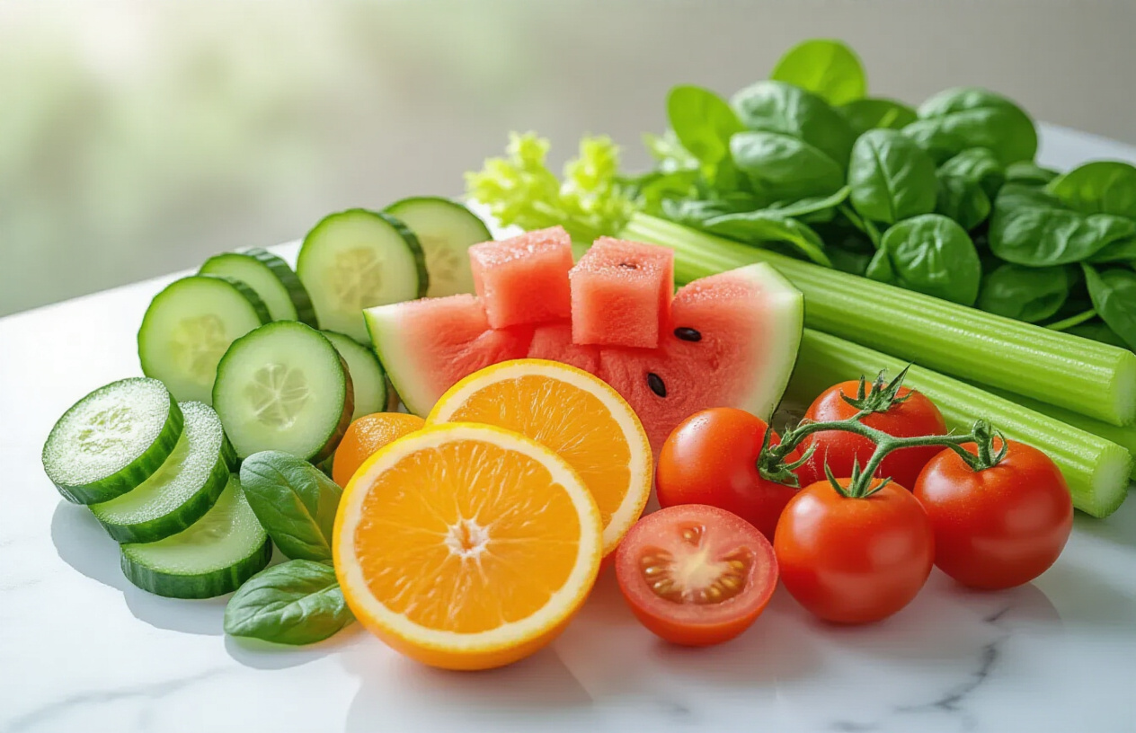 Create a realistic image of a beautifully arranged collection of hydrating foods including fresh cucumber slices, watermelon cubes, juicy oranges, leafy spinach, ripe tomatoes, and water-rich celery stalks artistically displayed on a clean white marble surface with soft natural lighting from the side, creating gentle shadows and highlighting the fresh, dewy appearance of the produce, with a subtle background blur and vibrant colors that emphasize the natural moisture and plumpness of each food item, absolutely NO text should be in the scene.