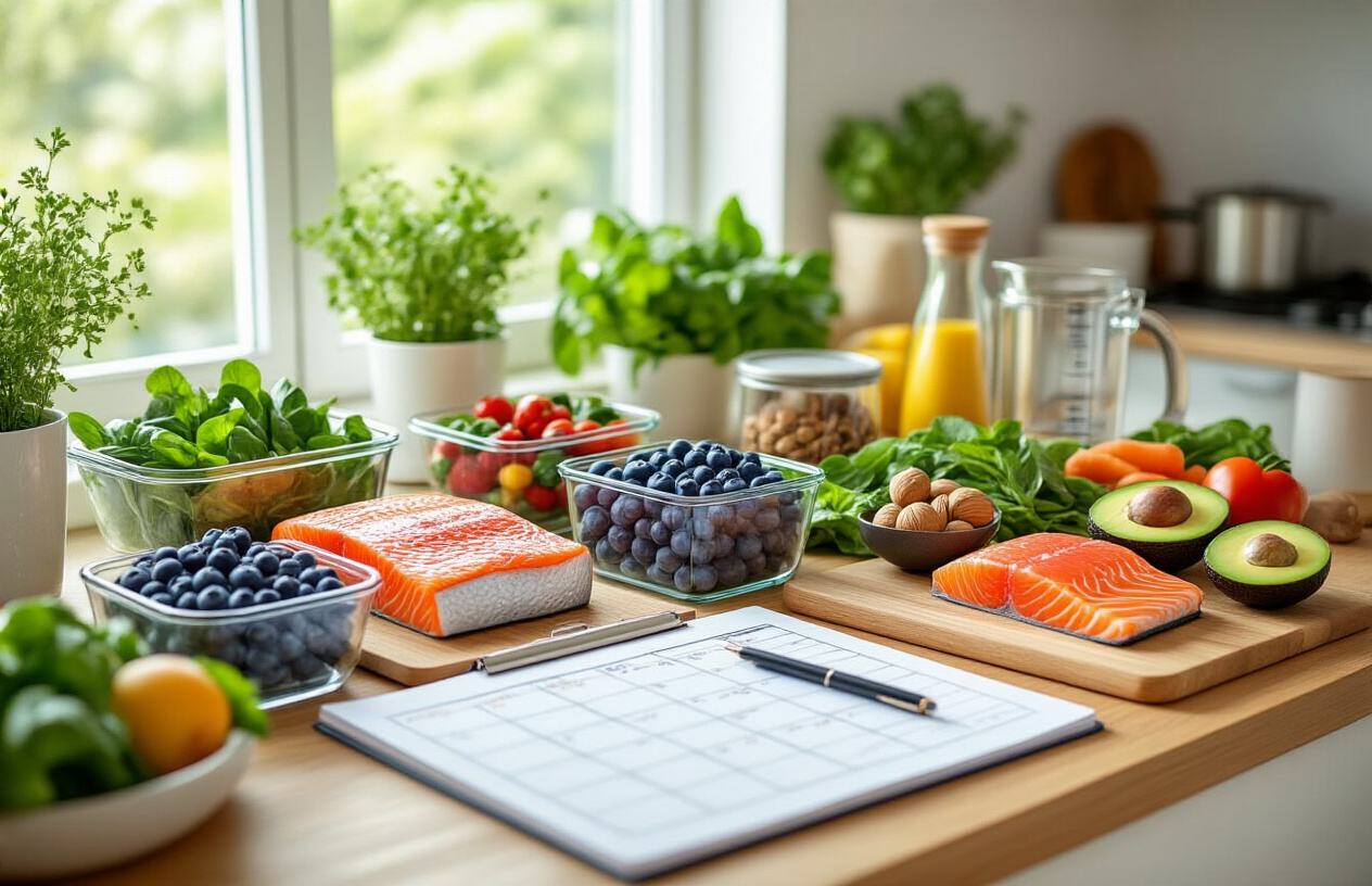 Create a realistic image of a kitchen counter or dining table with an organized meal planning setup featuring colorful anti-aging superfoods like blueberries, salmon, avocados, leafy greens, nuts, and colorful vegetables arranged in glass containers and on wooden cutting boards, with a weekly meal planner notebook open beside the food, a pen, and measuring cups, set in a bright, clean modern kitchen with natural lighting from a window, creating a healthy and organized atmosphere. Absolutely NO text should be in the scene.