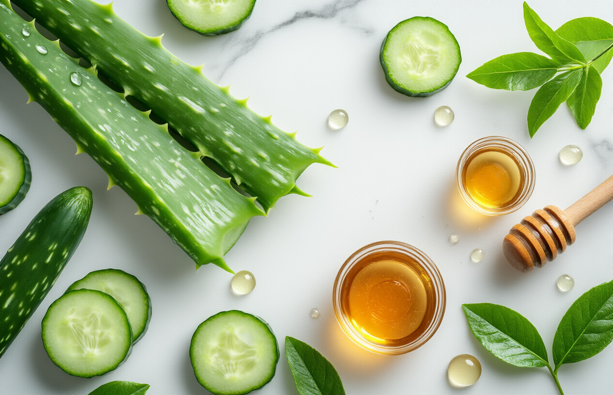 Create a realistic image of a close-up view of healthy, glowing skin with natural organic skincare ingredients like fresh aloe vera leaves, cucumber slices, honey drops, and green tea leaves artfully arranged around the frame, soft natural lighting illuminating the scene with a clean white marble background, dewdrops on the organic elements suggesting freshness and purity, warm and serene mood conveying wellness and natural beauty, absolutely NO text should be in the scene.