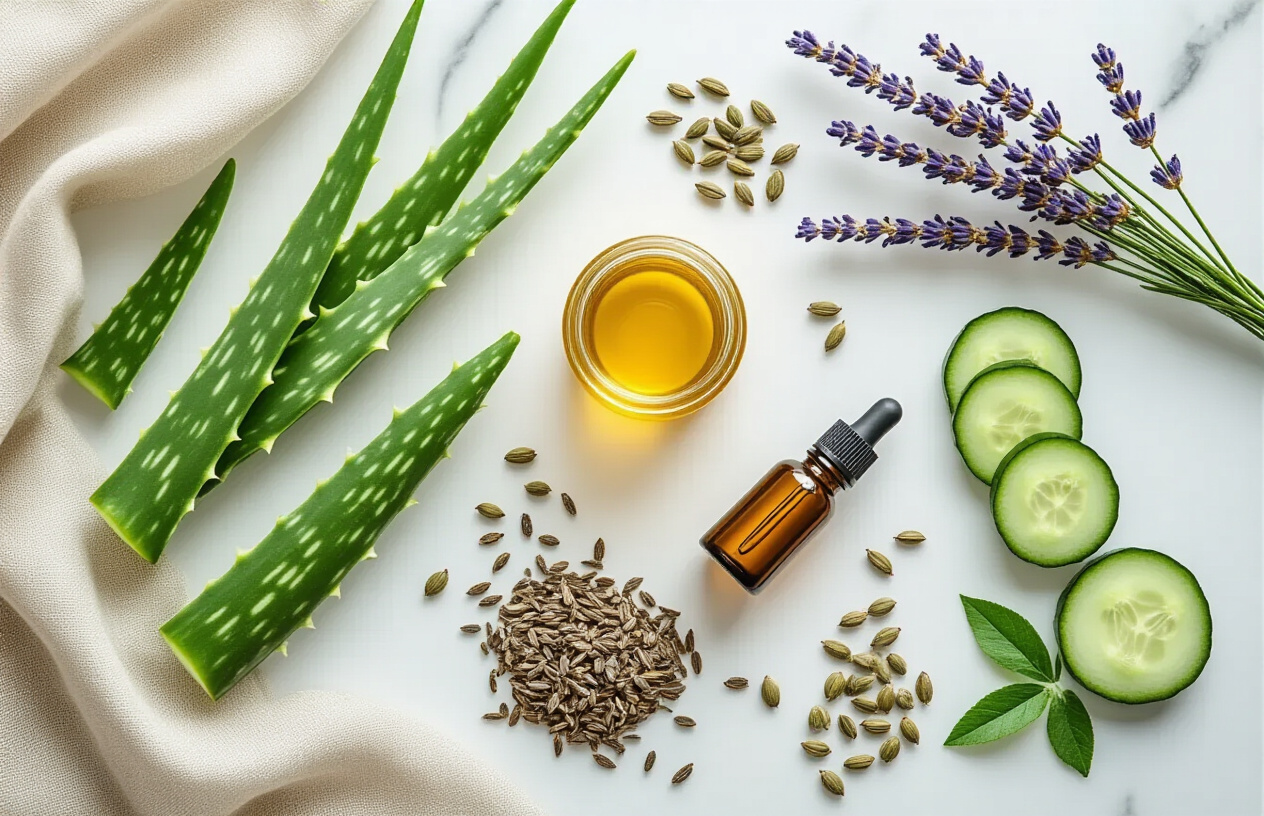 Create a realistic image of an elegant flat lay arrangement featuring essential organic beauty ingredients including fresh aloe vera leaves, dried lavender sprigs, coconut oil in a glass jar, rosehip seeds scattered naturally, chamomile flowers, a small bottle of jojoba oil, fresh cucumber slices, and green tea leaves artfully arranged on a clean white marble surface with soft natural lighting from above creating gentle shadows, surrounded by subtle organic textures like linen fabric edges, conveying a pure and natural beauty routine transformation concept, absolutely NO text should be in the scene.