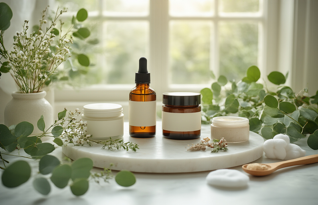 Create a realistic image of a beautifully arranged collection of organic skincare products including glass bottles with droppers, cream jars, and natural containers displayed on a clean white marble surface, surrounded by fresh green plants like eucalyptus leaves, dried flowers, and natural elements like wooden spoons and cotton pads, with soft natural lighting from a window creating gentle shadows, conveying a serene spa-like atmosphere that represents a complete skincare routine, Absolutely NO text should be in the scene.