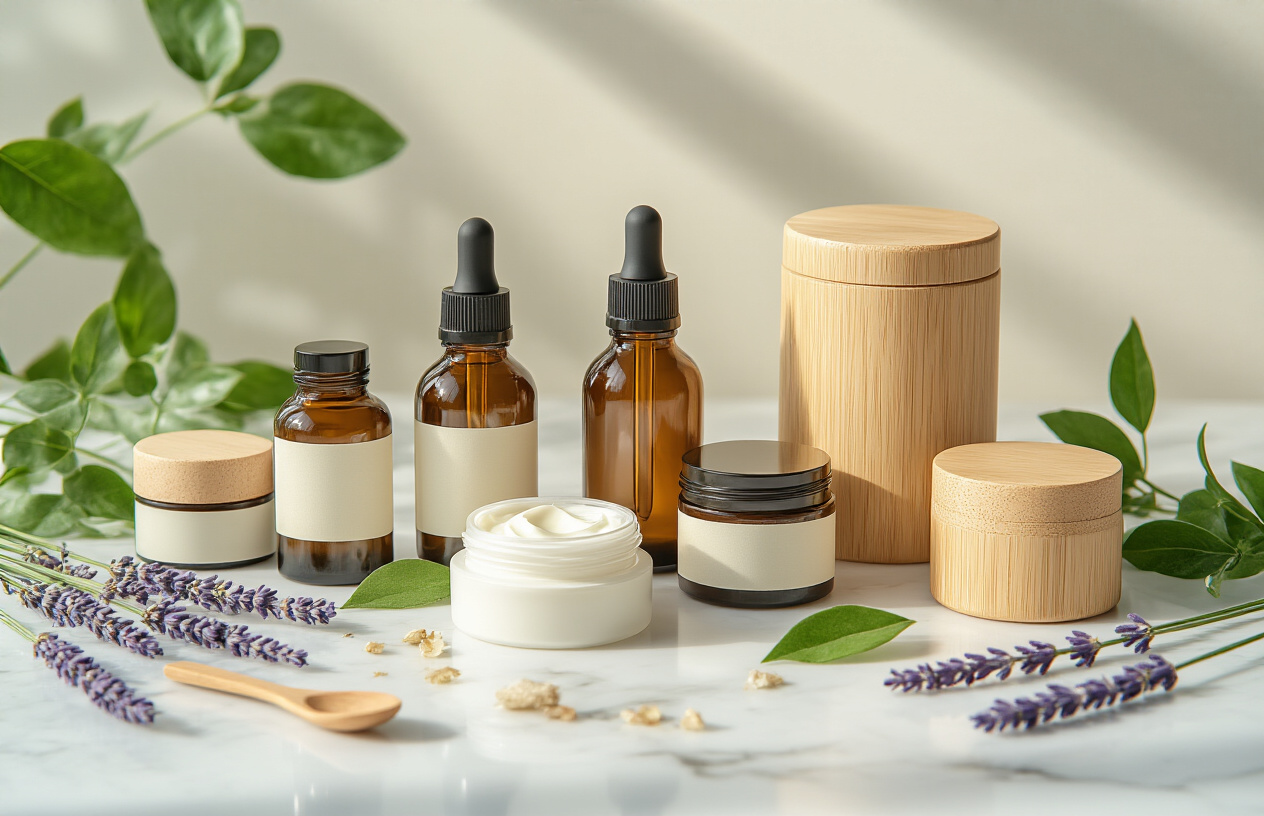 Create a realistic image of a diverse collection of authentic organic beauty products including glass bottles with droppers, wooden tubes, natural cream jars, and eco-friendly packaging arranged on a clean white marble surface with fresh green leaves, lavender sprigs, and natural elements like small wooden spoons scattered around, soft natural lighting from the side creating gentle shadows, warm and inviting atmosphere emphasizing purity and natural wellness, absolutely NO text should be in the scene.