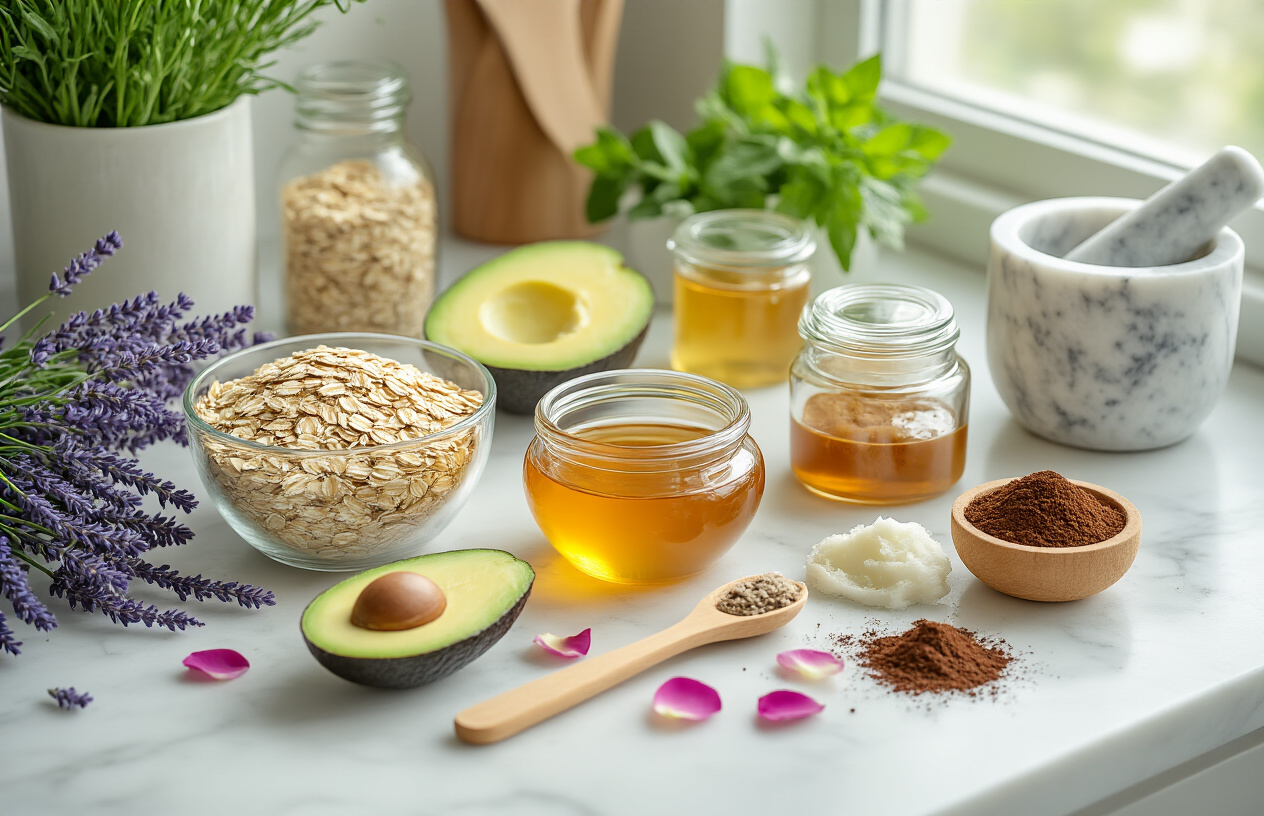 Create a realistic image of a kitchen countertop scene with various DIY organic beauty ingredients and homemade skincare products, featuring glass bowls containing natural ingredients like oatmeal, honey, avocado slices, coconut oil, and ground coffee, alongside fresh herbs like lavender and mint, small glass jars filled with homemade face masks and scrubs, wooden spoons for mixing, a marble mortar and pestle, and scattered rose petals, all arranged on a clean white marble countertop with soft natural lighting from a nearby window, creating a warm and inviting atmosphere for home beauty preparation, absolutely NO text should be in the scene.
