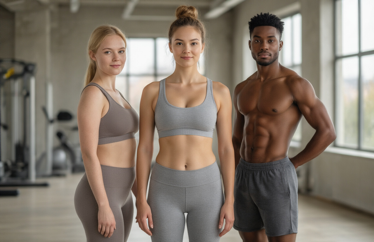 Create a realistic image of three diverse people standing side by side showing different body types - a white female with an apple-shaped body type, a black male with a pear-shaped body type, and an Asian female with an athletic body type, all wearing simple form-fitting workout clothes in neutral colors, positioned against a clean modern fitness studio background with soft natural lighting from large windows, creating an educational and motivational atmosphere that emphasizes body diversity and fitness goals, absolutely NO text should be in the scene.