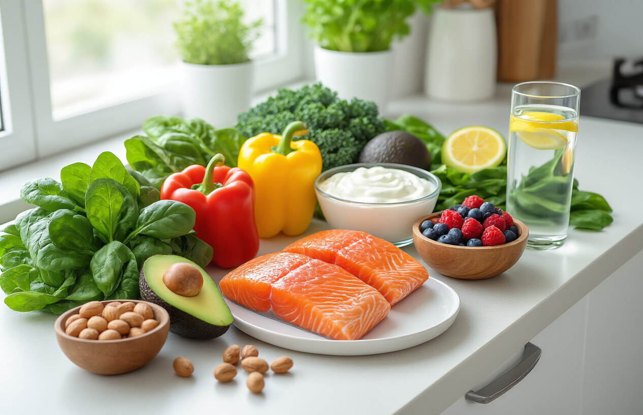 Create a realistic image of a clean, modern kitchen countertop featuring an arrangement of fresh, healthy foods known for reducing belly fat including leafy green vegetables like spinach and kale, colorful bell peppers, avocados, lean salmon fillet, Greek yogurt in a glass bowl, mixed nuts in a wooden bowl, fresh berries, and a glass of water with lemon slices, all naturally lit by soft window light creating a bright, motivational atmosphere that suggests healthy eating and weight loss, with a minimalist white kitchen background. Absolutely NO text should be in the scene.