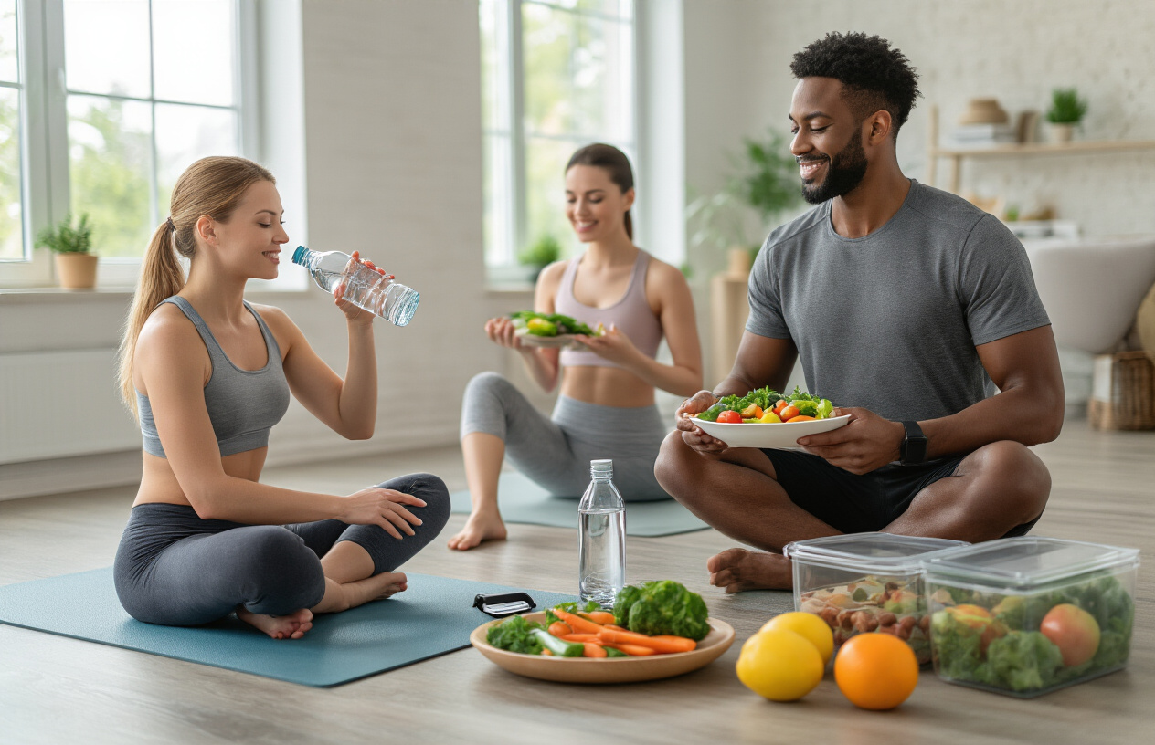 Create a realistic image of a healthy lifestyle scene featuring a diverse group including a white female and black male engaged in wellness activities that support flat belly goals: one person drinking water from a clear glass bottle, another holding a plate of fresh vegetables and lean protein, someone doing light stretching or yoga poses on a yoga mat, with elements like a fitness tracker, measuring tape, healthy meal prep containers, and fresh fruits arranged around them, set in a bright, clean modern living space with natural lighting streaming through windows, conveying a positive and motivational atmosphere focused on healthy living habits, absolutely NO text should be in the scene.