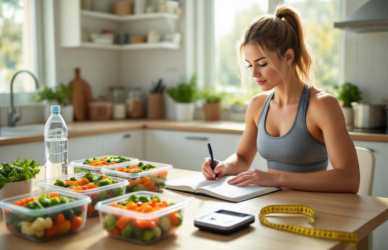 Create a realistic image of a white female in fitness attire sitting at a clean wooden desk writing in an open notebook with a pen, surrounded by healthy meal prep containers filled with colorful vegetables and lean proteins, a water bottle, measuring tape, and a small digital scale, with a bright modern kitchen background featuring natural sunlight streaming through windows, conveying a focused and organized planning atmosphere, absolutely NO text should be in the scene.