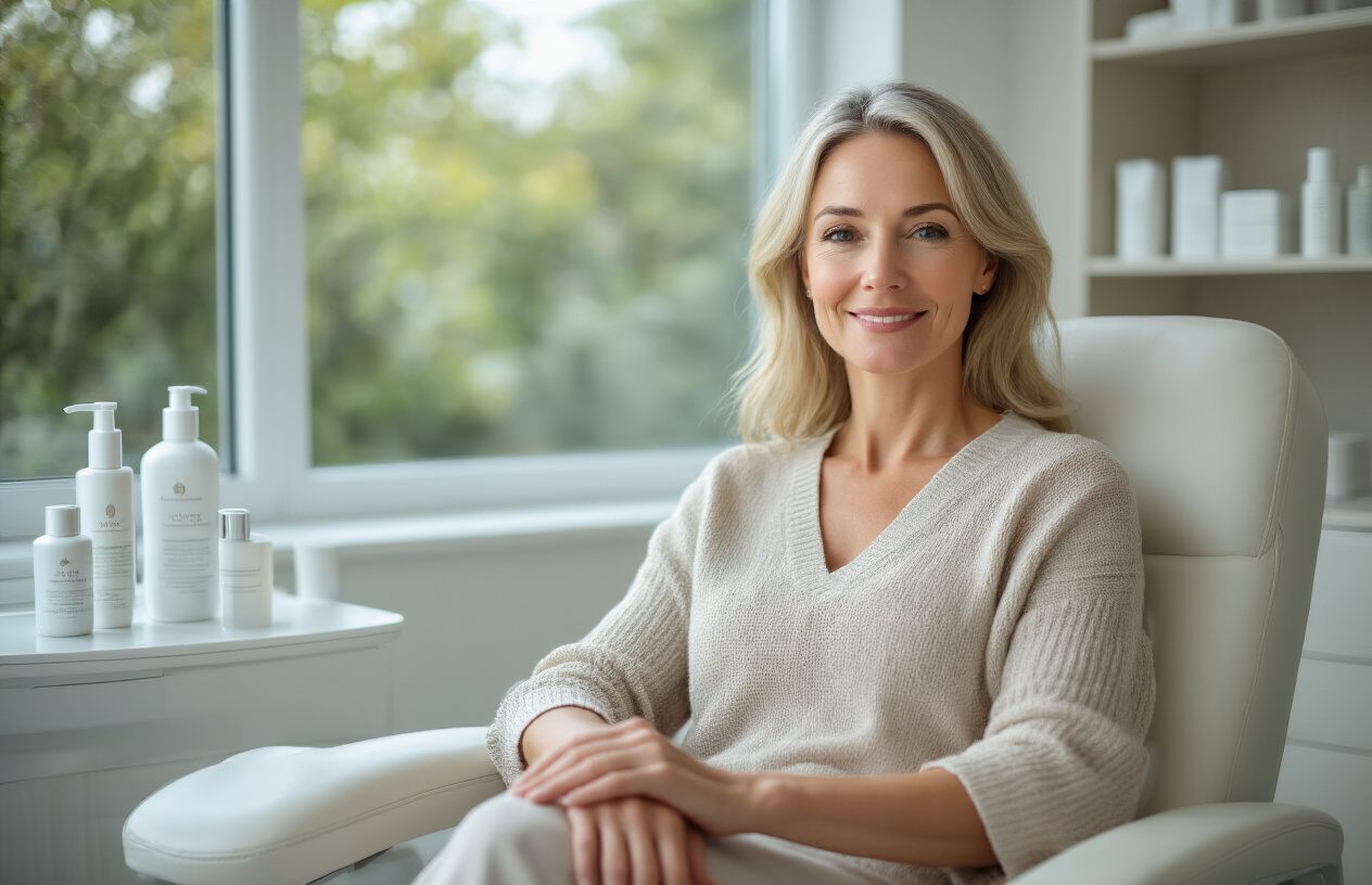 Create a realistic image of a middle-aged white female with smooth, youthful-looking skin sitting in a modern, clean medical spa consultation room, with soft natural lighting from a window, featuring elegant skincare product bottles and a comfortable treatment chair in the background, conveying a sense of rejuvenation and wellness, shot in bright, professional lighting that highlights healthy skin texture and a confident, satisfied expression, absolutely NO text should be in the scene.