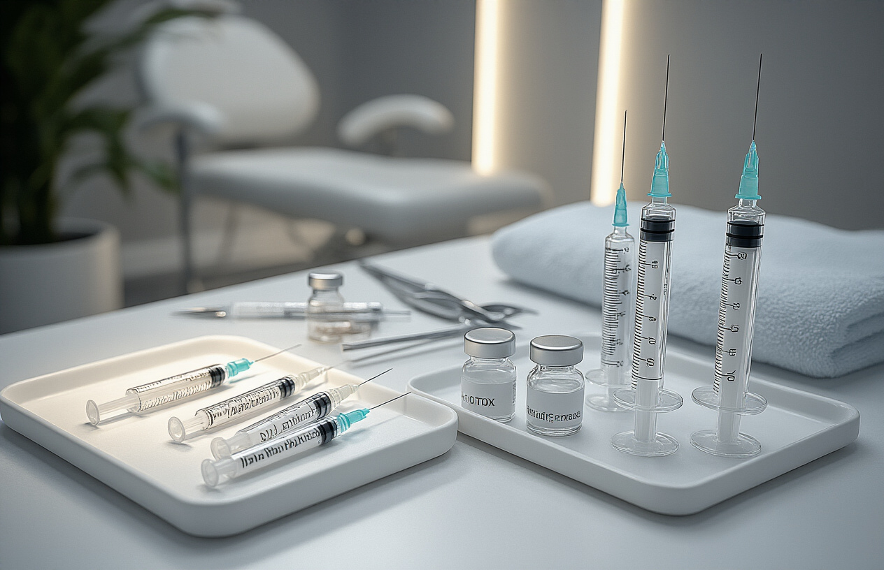 Create a realistic image of a clean, modern medical office setting with syringes filled with clear injectable treatments, small glass vials of dermal fillers and Botox, and medical instruments arranged neatly on a sterile white tray, with soft professional lighting illuminating the scene against a neutral background, featuring a subtle glimpse of a treatment chair in the background, conveying a professional aesthetic medicine environment. Absolutely NO text should be in the scene.