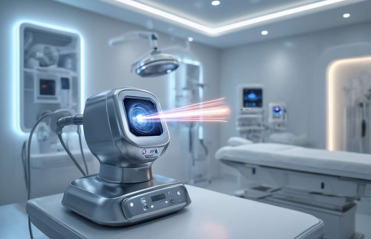 Create a realistic image of a modern aesthetic medical device with sleek metallic design emitting focused energy beams toward a treatment area, featuring advanced technological controls and LED indicators, set in a clean professional medical spa environment with soft ambient lighting, sterile white surfaces, and contemporary medical equipment in the background, emphasizing the high-tech nature of non-invasive skin tightening procedures, absolutely NO text should be in the scene.