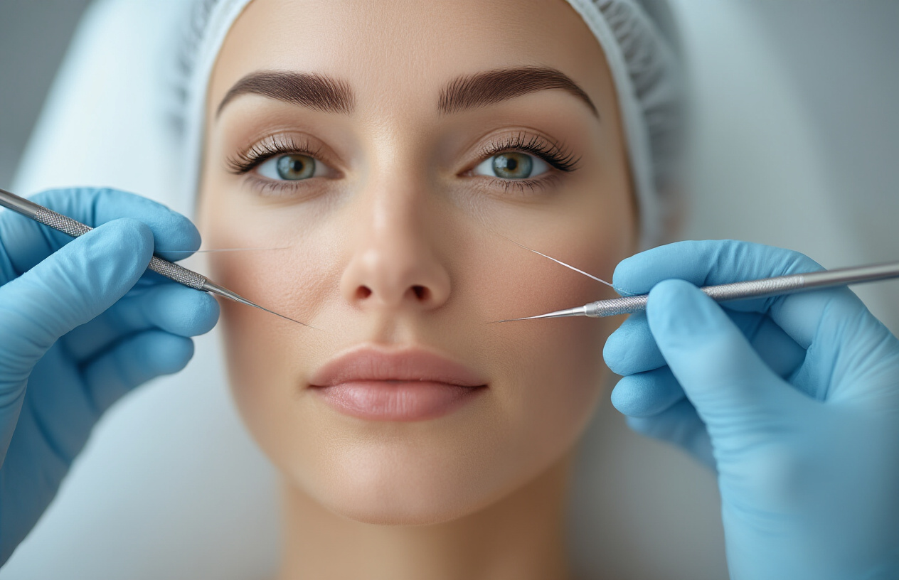 Create a realistic image of a close-up view of a white female patient's face during a thread lift procedure, showing thin medical threads being gently inserted under the skin by gloved hands holding precision medical instruments, with a clean sterile clinical background, soft professional lighting highlighting the minimally invasive nature of the treatment, creating a calm and professional medical atmosphere. Absolutely NO text should be in the scene.