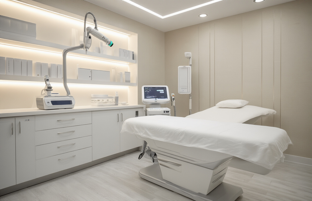 Create a realistic image of a modern medical aesthetic clinic room with a professional laser treatment device prominently displayed, featuring sleek white and silver medical equipment with a handheld laser applicator, clean white treatment bed with soft lighting, sterile clinical environment with neutral colored walls, professional medical atmosphere with soft ambient lighting highlighting the advanced technology, calm and reassuring mood suggesting skin renewal and rejuvenation treatments, absolutely NO text should be in the scene.