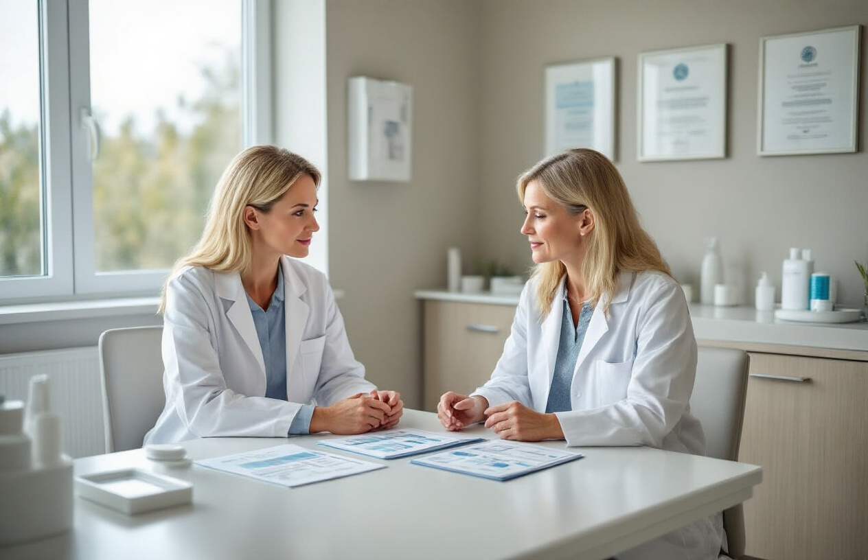 Create a realistic image of a clean, modern medical consultation room with a professional white female dermatologist in a white coat sitting across from a middle-aged white female patient, both looking at informational brochures and treatment comparison charts spread on a sleek desk, with soft natural lighting from a window creating a calm and trustworthy atmosphere, medical diplomas and certificates on the wall in the background, and skincare treatment equipment subtly visible on side tables, absolutely NO text should be in the scene.