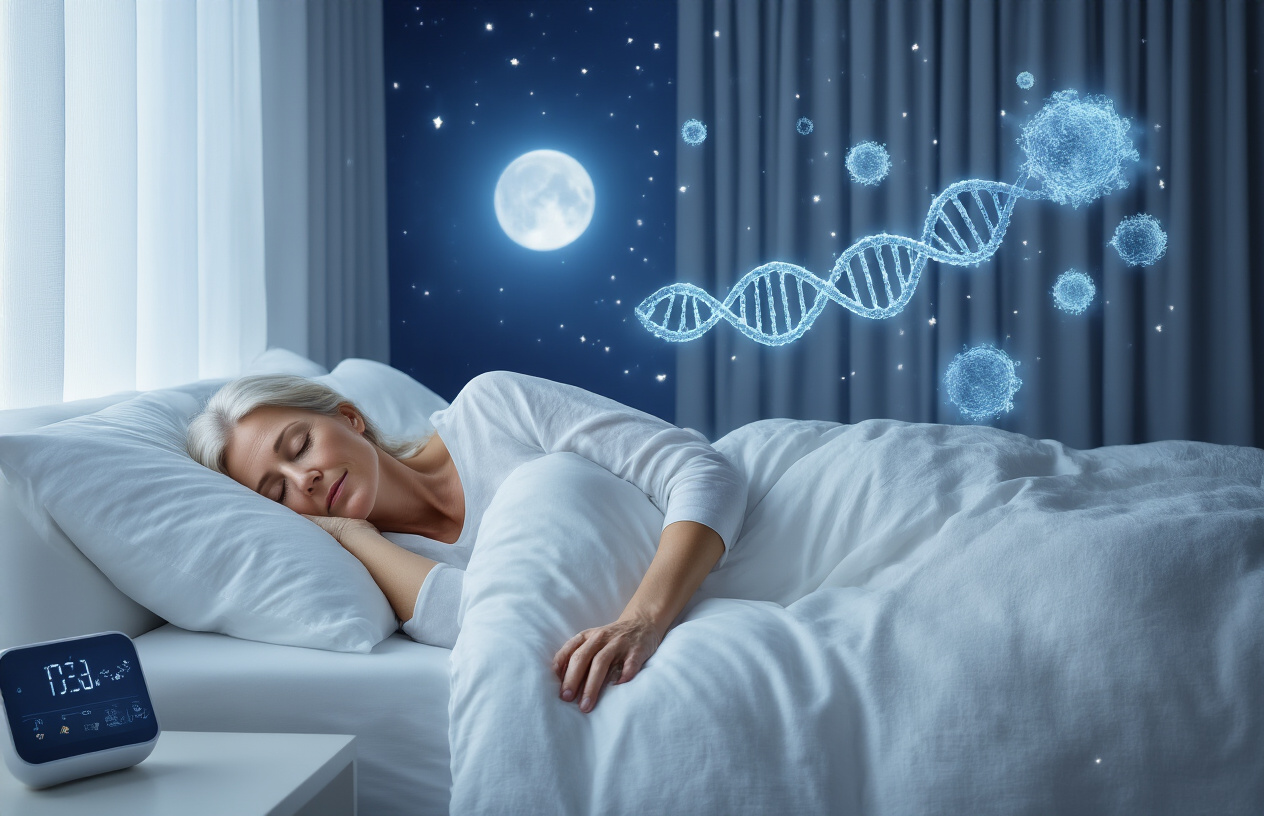Create a realistic image of a peaceful bedroom scene at night with a middle-aged white female sleeping comfortably in a modern bed with white linens, surrounded by subtle blue circadian lighting, a digital sleep tracking device on the nightstand, blackout curtains, and soft moonlight filtering through a window, with floating translucent cellular structures and DNA helixes gently glowing around the sleeping figure to represent cellular regeneration, creating a serene and scientifically advanced atmosphere that conveys optimal sleep for anti-aging benefits, absolutely NO text should be in the scene.