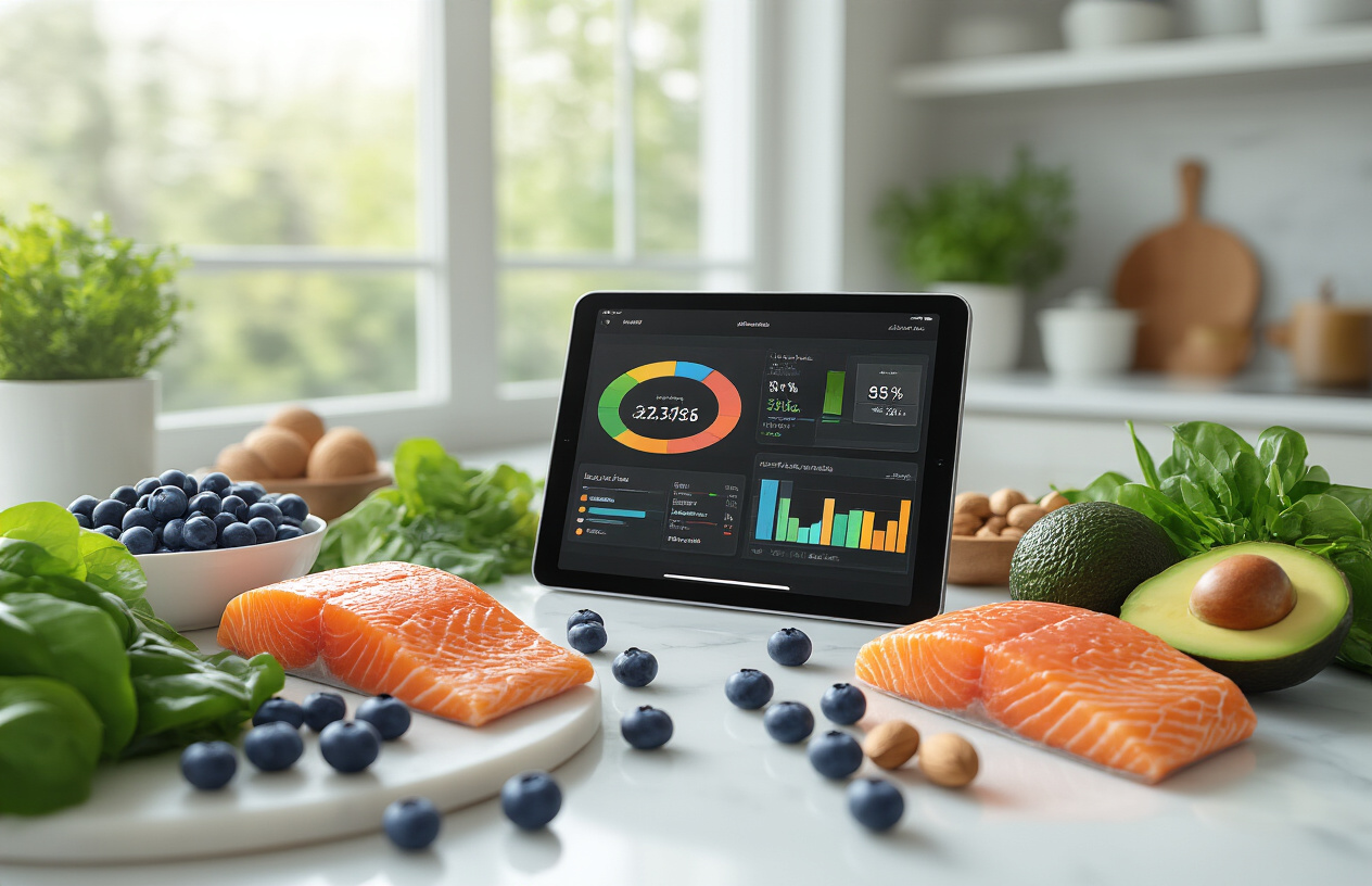 Create a realistic image of a modern kitchen scene with a sleek tablet or smartphone displaying colorful nutritional analysis charts and data visualizations, surrounded by fresh anti-aging foods like blueberries, avocados, leafy greens, nuts, and salmon on a clean white marble countertop, with soft natural lighting streaming through a window in the background, creating a bright and healthy atmosphere that suggests the fusion of technology and nutrition for wellness, absolutely NO text should be in the scene. artificial intelligence for reverse aging , longevity