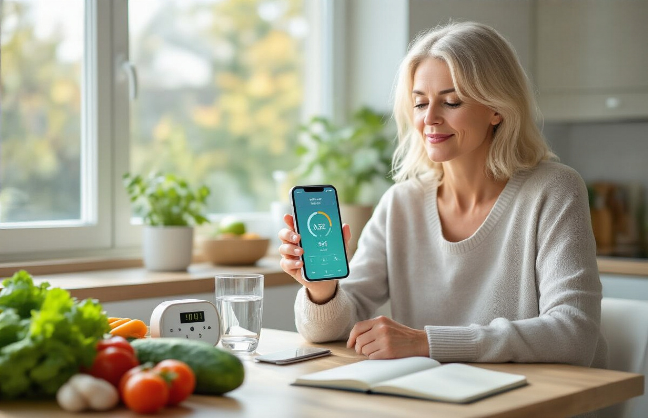 Create a realistic image of a middle-aged white female sitting at a modern kitchen table with a sleek smartphone displaying a health tracking app interface, a glass of water, and a small digital clock showing meal timing, surrounded by fresh vegetables and a journal, with natural morning light streaming through a window, conveying a focused and healthy lifestyle atmosphere, shot from a slightly elevated angle to show the organized setup, absolutely NO text should be in the scene.