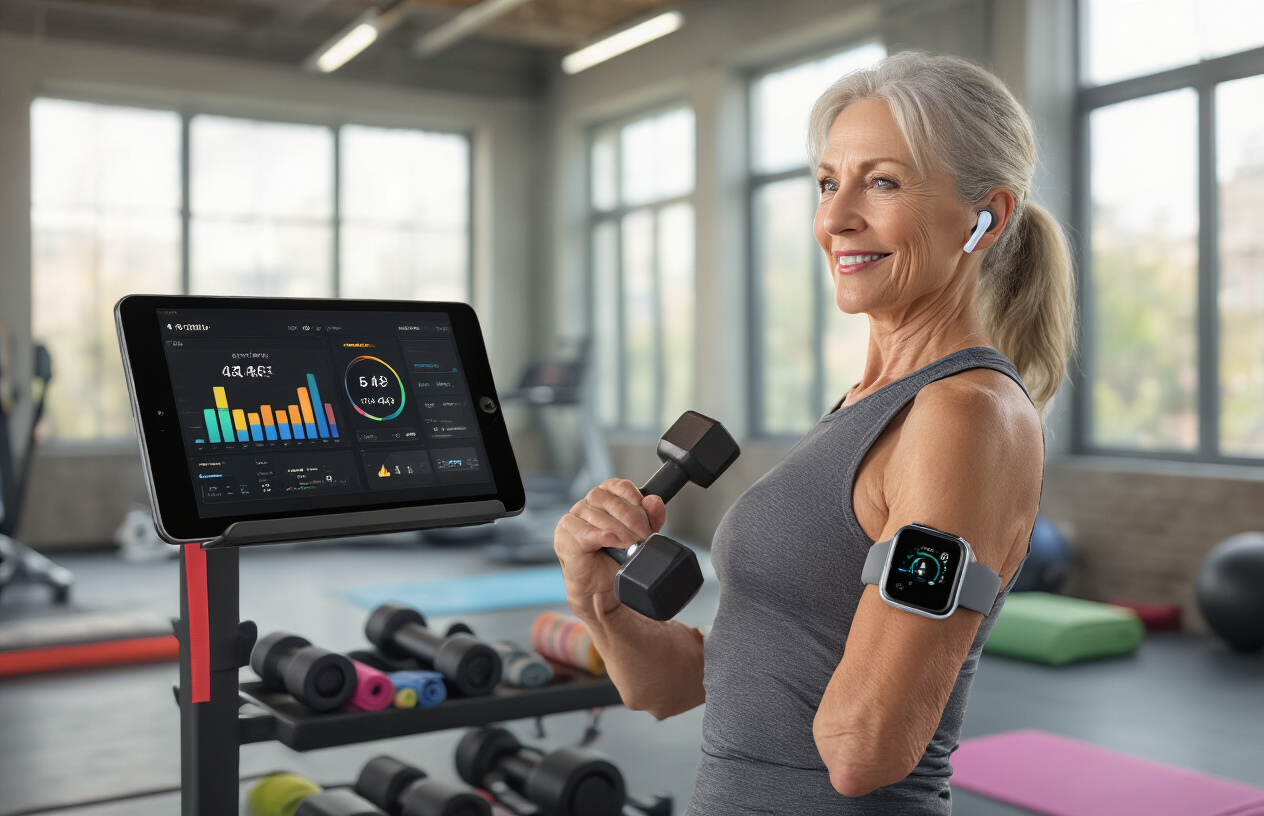 Create a realistic image of a middle-aged white female exercising with dumbbells in a modern fitness studio while wearing a smartwatch and wireless earbuds, with a sleek tablet displaying colorful data charts and AI interface elements positioned on a nearby equipment stand, surrounded by contemporary gym equipment including resistance bands and yoga mats, featuring bright natural lighting from large windows, conveying an energetic and tech-enhanced wellness atmosphere, absolutely NO text should be in the scene.