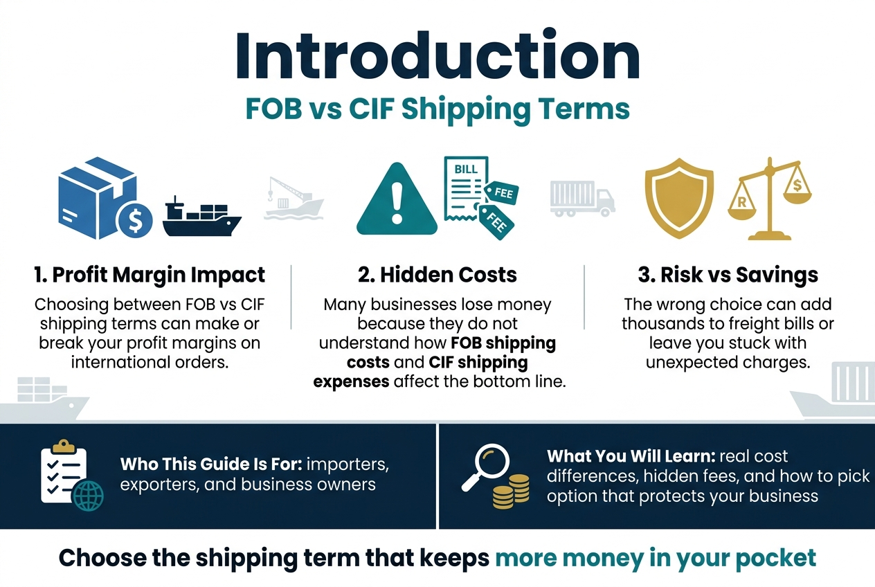 Create a clean, professional full-bleed infographic in a 3:2 landscape aspect ratio with a modern business style, white background, deep navy and teal accents, gold highlight accents, crisp sans-serif typography, strong visual hierarchy, and no poster frame or inset border. Top header across the full width: large bold title text in dark navy reading "Introduction". Directly below it, a smaller subtitle in teal reading "FOB vs CIF Shipping Terms". Main layout: a wide 3-section horizontal infographic with evenly spaced blocks across the center, each block using a distinct icon and short text. Use thin divider lines, subtle shipping/freight visuals, and ample whitespace. Left section: A blue shipping box icon with a dollar symbol and a small cargo ship silhouette. Heading text: "1. Profit Margin Impact". Body text: "Choosing between FOB vs CIF shipping terms can make or break your profit margins on international orders." Center section: A teal warning icon with a freight bill and hidden fee tags. Heading text: "2. Hidden Costs". Body text: "Many businesses lose money because they do not understand how FOB shipping costs and CIF shipping expenses affect the bottom line." Right section: A gold shield icon next to a balance scale comparing risk and savings. Heading text: "3. Risk vs Savings". Body text: "The wrong choice can add thousands to freight bills or leave you stuck with unexpected charges." Bottom band spanning the full width with two wide callout panels side by side: Left callout panel with a checklist icon and small globe icon. Text: "Who This Guide Is For: importers, exporters, and business owners" Right callout panel with a magnifying glass icon and coin stack icon. Text: "What You Will Learn: real cost differences, hidden fees, and how to pick the option that protects your business" Include a final bold closing line along the bottom center in dark navy with teal emphasis: "Choose the shipping term that keeps more money in your pocket" Use clear iconography, balanced spacing, professional corporate infographic styling, and high readability.