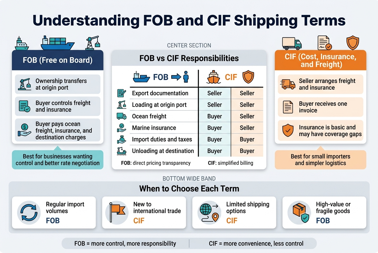 Create a clean, professional full-bleed infographic in a 3:2 aspect ratio with a modern sans-serif font, bold navy title, teal and orange accent colors, white background with light gray section dividers, and clear visual hierarchy. Place the main heading across the top center in large bold text: “Understanding FOB and CIF Shipping Terms”. Use a wide, horizontal layout with three main sections across the page: LEFT SECTION: “FOB (Free on Board)” in a navy header bar with a blue cargo ship icon and a small loading crane icon. Under it, use 3 stacked bullet blocks with simple icons: 1. “Ownership transfers at origin port” 2. “Buyer controls freight and insurance” 3. “Buyer pays ocean freight, insurance, and destination charges” Add a small callout box below in teal: “Best for businesses wanting control and better rate negotiation” CENTER SECTION: A side-by-side comparison panel titled “FOB vs CIF Responsibilities” with a split layout. Use a bold vertical divider line down the middle. Left half label: “FOB” with a blue arrow icon pointing from origin port to buyer. Right half label: “CIF” with an orange ship-and-shield icon. Include a clean comparison table with these exact rows and values: “Export documentation | Seller | Seller” “Loading at origin port | Seller | Seller” “Ocean freight | Buyer | Seller” “Marine insurance | Buyer | Seller” “Import duties and taxes | Buyer | Buyer” “Unloading at destination | Buyer | Buyer” Use small checkmarks and shipping icons beside the table rows. Add two small side notes beneath the table: “FOB: direct pricing transparency” “CIF: simplified billing” RIGHT SECTION: “CIF (Cost, Insurance, and Freight)” in an orange header bar with a delivery truck icon, document icon, and shield icon. Under it, use 3 stacked bullet blocks: 1. “Seller arranges freight and insurance” 2. “Buyer receives one invoice” 3. “Insurance is basic and may have coverage gaps” Add a small callout box below in orange: “Best for small importers and simpler logistics” BOTTOM WIDE BAND: A four-part decision guide titled “When to Choose Each Term” with four equal cards, each with a distinct icon: Card 1: “Regular import volumes” with a recurring arrows icon and text “FOB” Card 2: “New to international trade” with a starter flag icon and text “CIF” Card 3: “Limited shipping options” with a globe and route icon and text “CIF” Card 4: “High-value or fragile goods” with a protected box icon and text “FOB” Add a small footer strip in light gray with two short statements: “FOB = more control, more responsibility” “CIF = more convenience, less control” Use clean vector-style illustrations, subtle shadows, balanced spacing, crisp edges, and no vertical poster layout. Keep all text legible and aligned in a wide infographic composition.