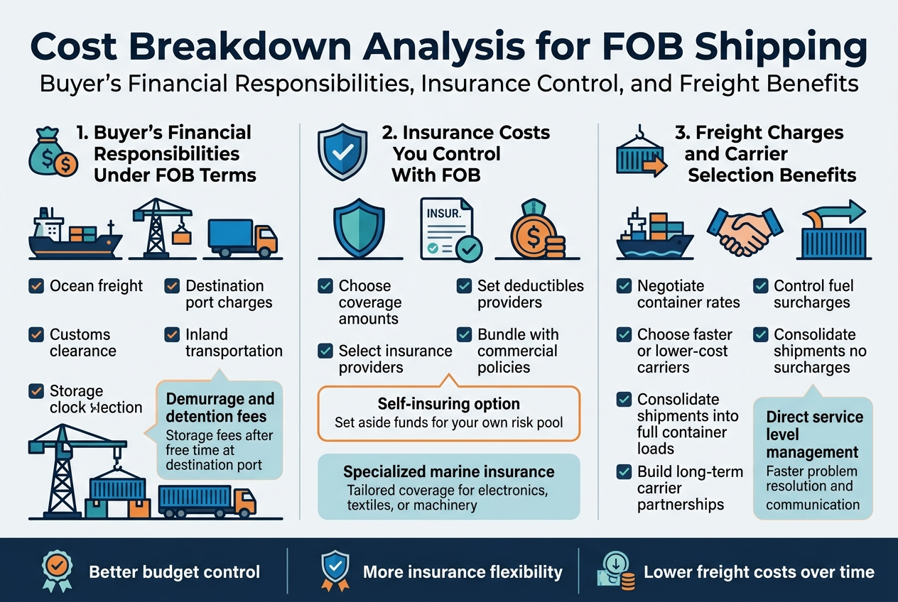Create a clean, professional full-bleed infographic illustration in a 3:2 aspect ratio with a modern corporate style, white background with navy, teal, blue, and orange accents, bold sans-serif typography, clear hierarchy, and wide horizontal layout with no vertical poster frame. Top header across the full width: Large bold title text: "Cost Breakdown Analysis for FOB Shipping" Subtitle beneath in smaller text: "Buyer’s Financial Responsibilities, Insurance Control, and Freight Benefits" Below the header, organize the infographic into three wide horizontal sections or three side-by-side columns with clear dividers and icons. Section 1 on the left: "1. Buyer’s Financial Responsibilities Under FOB Terms" Use a docked cargo ship icon, port crane icon, truck icon, and storage clock icon. Include four bullet blocks with small check icons: - "Ocean freight" - "Destination port charges" - "Customs clearance" - "Inland transportation" Add a highlighted callout box: "Demurrage and detention fees" Smaller text inside: "Storage fees after free time at destination port" Section 2 in the center: "2. Insurance Costs You Control With FOB" Use a shield icon, insurance document icon, and savings coin icon. Include four bullet blocks: - "Choose coverage amounts" - "Set deductibles" - "Select insurance providers" - "Bundle with commercial policies" Add a second highlighted callout box: "Self-insuring option" Smaller text inside: "Set aside funds for your own risk pool" Add a third small block: "Specialized marine insurance" Smaller text inside: "Tailored coverage for electronics, textiles, or machinery" Section 3 on the right: "3. Freight Charges and Carrier Selection Benefits" Use a shipping line icon, negotiation handshake icon, container stack icon, and route arrow icon. Include five bullet blocks: - "Negotiate container rates" - "Control fuel surcharges" - "Choose faster or lower-cost carriers" - "Consolidate shipments into full container loads" - "Build long-term carrier partnerships" Add a highlighted callout box: "Direct service level management" Smaller text inside: "Faster problem resolution and better communication" Add a bottom horizontal summary band spanning the full width with three compact badges and icons: - "Better budget control" - "More insurance flexibility" - "Lower freight costs over time" Use strong visual separation, clean spacing, crisp vector shapes, subtle shadows, and professional financial infographic styling. Ensure all text is sharp, readable, and exactly as written. No people, no clutter, no decorative borders, no inset frame.