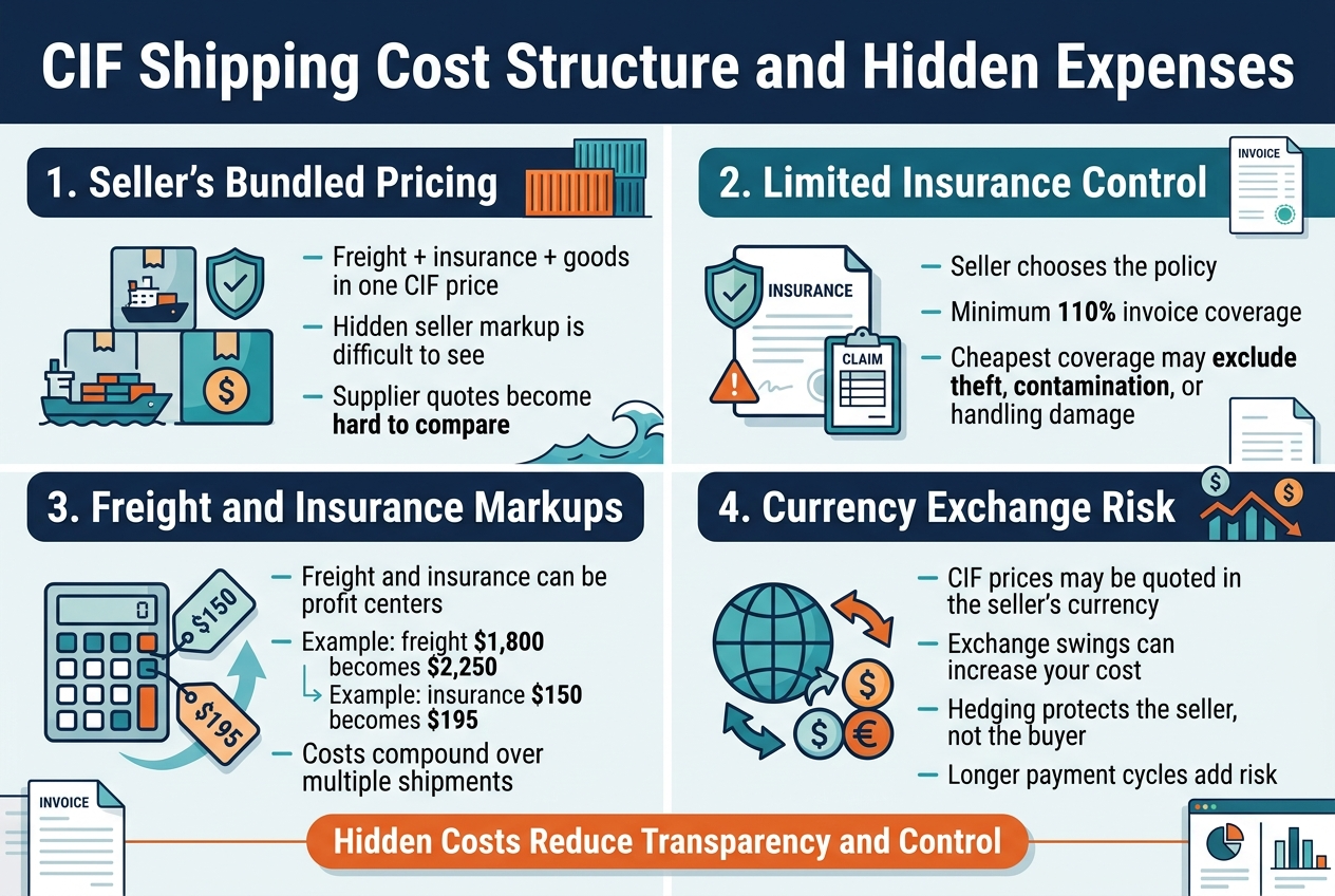 Create a full-bleed professional infographic in 3:2 aspect ratio about international shipping terms, with a clean modern corporate style in navy blue, teal, white, and orange accents, bold sans-serif typography, subtle gradients, and clear visual hierarchy. Top header across the full width: large bold title text: "CIF Shipping Cost Structure and Hidden Expenses" Below the title, arrange the infographic in four wide horizontal sections or a 2x2 grid of panels, with each panel containing a numbered heading, a simple icon, and short explanatory text. Use icons and visual markers for each section. Keep the layout open and spacious, not a narrow centered stack. Section 1 on the upper left: a stacked price bundle graphic with a cargo ship, insurance shield, and dollar sign inside one package icon. Heading text: "1. Seller’s Bundled Pricing". Include short text lines: "Freight + insurance + goods in one CIF price" and "Hidden seller markup is difficult to see" and "Supplier quotes become hard to compare". Section 2 on the upper right: an insurance document with a shield, small warning triangle, and a claim form icon. Heading text: "2. Limited Insurance Control". Include short text lines: "Seller chooses the policy" and "Minimum 110% invoice coverage" and "Cheapest coverage may exclude theft, contamination, or handling damage". Section 3 on the lower left: a freight cost calculator with two price tags, one low and one higher, connected by an arrow. Heading text: "3. Freight and Insurance Markups". Include short text lines: "Freight and insurance can be profit centers" and "Example: freight $1,800 becomes $2,250" and "Example: insurance $150 becomes $195" and "Costs compound over multiple shipments". Section 4 on the lower right: a globe, exchange arrows, and currency symbols with a rising and falling graph. Heading text: "4. Currency Exchange Risk". Include short text lines: "CIF prices may be quoted in the seller’s currency" and "Exchange swings can increase your cost" and "Hedging protects the seller, not the buyer" and "Longer payment cycles add risk". Add a small center or bottom callout strip with a contrasting orange banner and bold text: "Hidden Costs Reduce Transparency and Control" Include subtle supporting visuals: shipping containers, ocean waves, invoice paper, calculator, exchange rate arrows, and a comparison chart motif. Use clean icons, thin dividers, and strong alignment. Make the overall composition balanced and easy to read, with the title at the top, the four sections filling the middle and lower area, and no extra text beyond the specified headings and short lines.