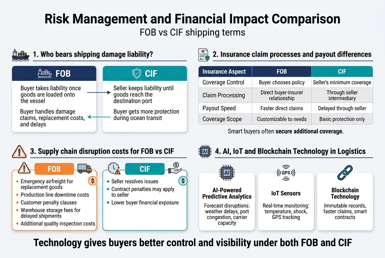 Create a clean professional full-bleed infographic in aspect ratio 3:2 with a modern corporate style, white background, navy blue, teal, orange, and gray accents, bold sans-serif typography, crisp icons, and a wide multi-section horizontal layout. Top center headline in large bold text: "Risk Management and Financial Impact Comparison" Subtitle beneath in smaller text: "FOB vs CIF shipping terms" Use four wide horizontal sections across the canvas with clear dividers and icon headers. Section 1 on the left: title text "1. Who bears shipping damage liability?" with a split comparison layout. Left block labeled "FOB" with a cargo ship icon and text: "Buyer takes liability once goods are loaded onto the vessel" "Buyer handles damage claims, replacement costs, and delays" Right block labeled "CIF" with a shield icon and text: "Seller keeps liability until goods reach the destination port" "Buyer gets more protection during ocean transit" Add a thin arrow line showing risk transfer from seller to buyer for FOB and from seller to destination for CIF. Section 2 in the upper right: title text "2. Insurance claim processes and payout differences" with a small insurance document icon. Include a compact comparison table with three columns: "Insurance Aspect", "FOB", "CIF" Rows: "Coverage Control" | "Buyer chooses policy" | "Seller's minimum coverage" "Claim Processing" | "Direct buyer-insurer relationship" | "Through seller intermediary" "Payout Speed" | "Faster direct claims" | "Delayed through seller" "Coverage Scope" | "Customizable to needs" | "Basic protection only" Below the table add a small note in bold: "Smart buyers often secure additional coverage." Section 3 across the lower left: title text "3. Supply chain disruption costs for FOB vs CIF" with warning triangle, truck, and clock icons. Create two cost blocks: FOB block with orange highlight and text: "Emergency airfreight for replacement goods" "Production line downtime costs" "Customer penalty clauses" "Warehouse storage fees for delayed shipments" "Additional quality inspection costs" CIF block with teal highlight and text: "Seller resolves issues" "Contract penalties may apply to seller" "Lower buyer financial exposure" Add a small dollar sign icon beside each block. Section 4 across the lower right: title text "4. AI, IoT and Blockchain Technology in Logistics" with three tech icons: AI chip, GPS sensor, and blockchain chain link. Use three mini cards: "AI-Powered Predictive Analytics" "Forecast disruptions: weather delays, port congestion, carrier capacity" "IoT Sensors" "Real-time monitoring: temperature, shock, GPS tracking" "Blockchain Technology" "Immutable records, faster claims, smart contracts" Add a concluding banner at the bottom spanning wide across the infographic with bold text: "Technology gives buyers better control and visibility under both FOB and CIF" Use clean spacing, strong section headers, simple line icons, subtle data-table styling, and a balanced left-to-right flow. Keep all text sharp, legible, and exactly as written.