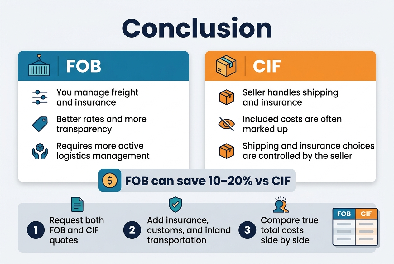 Create a clean, professional infographic illustration in a 3:2 aspect ratio, full-bleed layout with no frame or inset border, using a wide horizontal composition. Top center: large bold title in dark navy sans-serif font: "Conclusion" Below the title, use a two-column comparison layout across the center of the page with clear section headers and icons. Left column: a blue section card with a shipping container icon and the heading "FOB" - bullet 1 with a control icon: "You manage freight and insurance" - bullet 2 with a price tag icon: "Better rates and more transparency" - bullet 3 with a hands-on icon: "Requires more active logistics management" Right column: an orange section card with a boxed cargo icon and the heading "CIF" - bullet 1 with a convenience icon: "Seller handles shipping and insurance" - bullet 2 with a hidden cost icon: "Included costs are often marked up" - bullet 3 with a limited options icon: "Shipping and insurance choices are controlled by the seller" Between and slightly below the two columns, place a bold highlighted callout bar with a dollar icon and large text: "FOB can save 10–20% vs CIF" Bottom wide section spanning the page: a three-step decision row with numbered circles and icons, using a light gray background panel 1. "Request both FOB and CIF quotes" 2. "Add insurance, customs, and inland transportation" 3. "Compare true total costs side by side" Add a small bottom-right visual of a comparison table with two labeled price columns: "FOB" and "CIF" Use a modern sans-serif font, strong visual hierarchy, crisp vector style, navy blue, teal, orange, and light gray color palette, subtle shadows, clean spacing, professional business infographic aesthetic, balanced multi-column layout, no extra text.