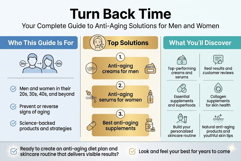Create a clean, professional infographic in a 3:2 aspect ratio with a full-bleed layout, modern medical-wellness style, white background with soft blue, teal, and warm gold accents, and clear sans-serif typography. Top header across the full width: Large bold title text: "Turn Back Time" Smaller subtitle directly below: "Your Complete Guide to Anti-Aging Solutions for Men and Women" Main layout: a wide horizontal 3-column design with a central highlight band and icon-driven sections, avoiding a narrow vertical poster look. Left section, labeled with a blue header bar: "Who This Guide Is For" Use an icon of a man and woman silhouette with age markers. Add concise bullet points with check icons: "Men and women in their 20s, 30s, 40s, and beyond" "Prevent or reverse signs of aging" "Science-backed products and strategies" Center section, larger than the others, with a gold accent and a face/skin icon: "Top Solutions" Use three stacked visual blocks with numbered circles: "1. Anti-aging creams for men" "2. Anti-aging serums for women" "3. Best anti-aging supplements" Include small icons for each block: cream jar, dropper bottle, capsule bottle. Right section, labeled with a teal header bar: "What You’ll Discover" Use three icon cards with short text: "Top-performing creams and serums" "Real results and customer reviews" "Essential supplements and superfoods" "Collagen supplements for skin health" "Build your personalized skincare routine" "Natural anti-aging products and youthful skin tips" Bottom band spanning the full width with a clean checklist and subtle glow effect: "Ready to create an anti-aging diet plan and skincare routine that delivers visible results?" "Look and feel your best for years to come" Use strong hierarchy, bold section headers, evenly spaced blocks, thin divider lines, and simple line icons. Keep all text crisp, readable, and correctly spelled. Include subtle wrinkle-to-smooth-skin visual motifs, but keep the overall look elegant, science-backed, and premium.