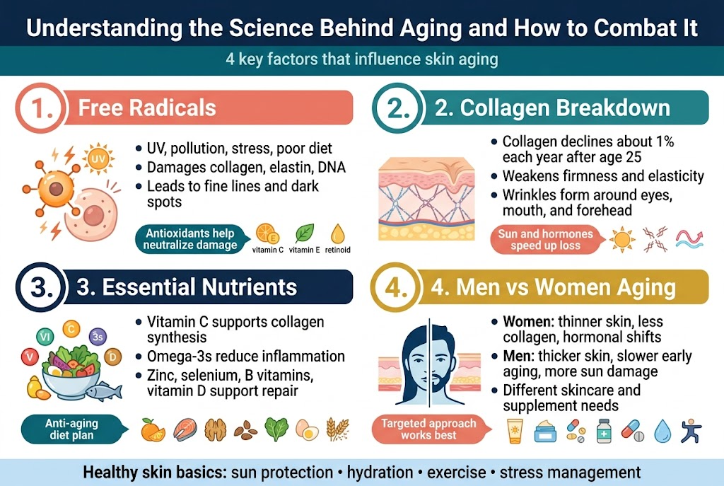 Create a clean professional full-bleed infographic illustration in 3:2 aspect ratio with a white background, deep navy and teal accents, soft coral highlights, and modern sans-serif typography. Top header across the full width: Large bold title centered at the top in dark navy: "Understanding the Science Behind Aging and How to Combat It" Small subtitle beneath in teal: "4 key factors that influence skin aging" Below the header, organize the infographic into four wide horizontal content panels in a 2x2 grid, each with a colored section header, a large numbered circle icon, and simple flat medical/skin icons. Panel 1, top left: Section header bar in coral with white text: "1. Free Radicals" Left side icon: a glowing orange unstable molecule attacking a skin cell, with small lightning bolts and UV sun rays Bullet text in dark gray: "UV, pollution, stress, poor diet" "Damages collagen, elastin, DNA" "Leads to fine lines and dark spots" Small callout badge in teal: "Antioxidants help neutralize damage" Tiny icons beside the callout: vitamin C orange slice, vitamin E capsule, leaf, retinoid drop Panel 2, top right: Section header bar in teal with white text: "2. Collagen Breakdown" Left side icon: a cross-section of skin layers with a thinning collagen fiber network and a collapsing support structure Bullet text in dark gray: "Collagen declines about 1% each year after age 25" "Weakens firmness and elasticity" "Wrinkles form around eyes, mouth, and forehead" Small callout badge in coral: "Sun and hormones speed up loss" Tiny icons: sun, broken fiber strands, menopause hormone wave symbol Panel 3, bottom left: Section header bar in navy with white text: "3. Essential Nutrients" Left side icon: a bowl of colorful foods surrounded by vitamin symbols and omega-3 fish Bullet text in dark gray: "Vitamin C supports collagen synthesis" "Omega-3s reduce inflammation" "Zinc, selenium, B vitamins, vitamin D support repair" Small callout badge in teal: "Anti-aging diet plan" Tiny icons: citrus, salmon, walnuts, flax seeds, leafy greens, eggs, whole grains Panel 4, bottom right: Section header bar in gold with white text: "4. Men vs Women Aging" Left side icon: split silhouette of a woman and man face in a clean medical style, with different skin thickness layers Bullet text in dark gray: "Women: thinner skin, less collagen, hormonal shifts" "Men: thicker skin, slower early aging, more sun damage" "Different skincare and supplement needs" Small callout badge in coral: "Targeted approach works best" Tiny icons: sunscreen bottle, moisturizer, supplement pills, hydration droplet, exercise figure Add a bottom horizontal footer strip spanning the full width with a subtle light blue gradient and centered text: "Healthy skin basics: sun protection • hydration • exercise • stress management" Use clear visual hierarchy, bold section headers, simple icons, and spacious balanced layout with wide columns and no centered vertical poster stack. Keep all text crisp, legible, and limited to the exact phrases shown.