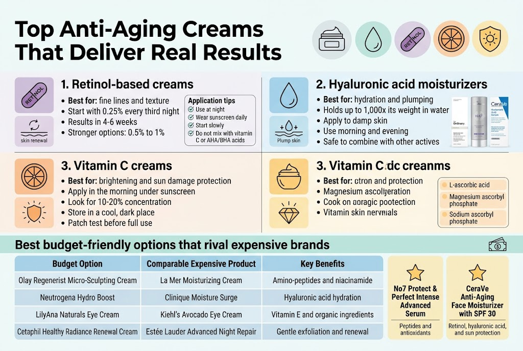 Create a clean, professional full-bleed infographic in 3:2 aspect ratio with a modern skincare aesthetic in soft white, pale blue, mint, and warm peach accents, using bold sans-serif typography and clear visual hierarchy. At the top, place a large bold headline: "Top Anti-Aging Creams That Deliver Real Results" with a subtle skin-care icon set beside it: a cream jar, a droplet, a retinol capsule, a vitamin C citrus slice, and a sun shield. Below the headline, organize the infographic into four wide horizontal sections with icon-based cards and short text blocks, using a 2-column layout for the first three sections and a full-width comparison block at the bottom. Section 1 on the upper left: "1. Retinol-based creams" with a purple retinol capsule icon and a small skin renewal graphic. Include bullet points: - "Best for: fine lines and texture" - "Start with 0.25% every third night" - "Results in 4-6 weeks" - "Stronger options: 0.5% to 1%" Add a small callout box labeled "Application tips" with check icons and these lines: - "Use at night" - "Wear sunscreen daily" - "Start slowly" - "Do not mix with vitamin C or AHA/BHA acids" Section 2 on the upper right: "2. Hyaluronic acid moisturizers" with a blue water-drop and plump skin icon. Include bullet points: - "Best for: hydration and plumping" - "Holds up to 1,000x its weight in water" - "Apply to damp skin" - "Use morning and evening" - "Safe to combine with other actives" Add a small product strip with three mini product boxes labeled: - "The Ordinary Hyaluronic Acid 2% + B5" - "SkinMedica HA5 Rejuvenating Hydrator" - "CeraVe Hyaluronic Acid Serum" Section 3 on the lower left: "3. Vitamin C creams" with an orange citrus slice icon and a bright shield icon. Include bullet points: - "Best for: brightening and sun damage protection" - "Apply in the morning under sunscreen" - "Look for 10-20% concentration" - "Store in a cool, dark place" - "Patch test before full use" Add a small note box with three labeled options: - "L-ascorbic acid" - "Magnesium ascorbyl phosphate" - "Sodium ascorbyl phosphate" Section 4 as a full-width bottom comparison block titled "Best budget-friendly options that rival expensive brands" with a clean comparison table, alternating light blue and light gray rows, and a small money-saving icon. Include these exact columns: "Budget Option" | "Comparable Expensive Product" | "Key Benefits" Rows: - "Olay Regenerist Micro-Sculpting Cream" | "La Mer Moisturizing Cream" | "Amino-peptides and niacinamide" - "Neutrogena Hydro Boost" | "Clinique Moisture Surge" | "Hyaluronic acid hydration" - "LilyAna Naturals Eye Cream" | "Kiehl's Avocado Eye Cream" | "Vitamin E and organic ingredients" - "Cetaphil Healthy Radiance Renewal Cream" | "Estée Lauder Advanced Night Repair" | "Gentle exfoliation and renewal" At the far right of the bottom block, add two highlighted mini callouts with star icons: - "No7 Protect & Perfect Intense Advanced Serum" - "CeraVe Anti-Aging Face Moisturizer with SPF 30" Under each, add smaller text: - "Peptides and antioxidants" - "Retinol, hyaluronic acid, and sun protection" Use clean icons for each section, strong spacing, crisp lines, and a polished editorial infographic style. Keep all text legible and evenly aligned across the wide layout.