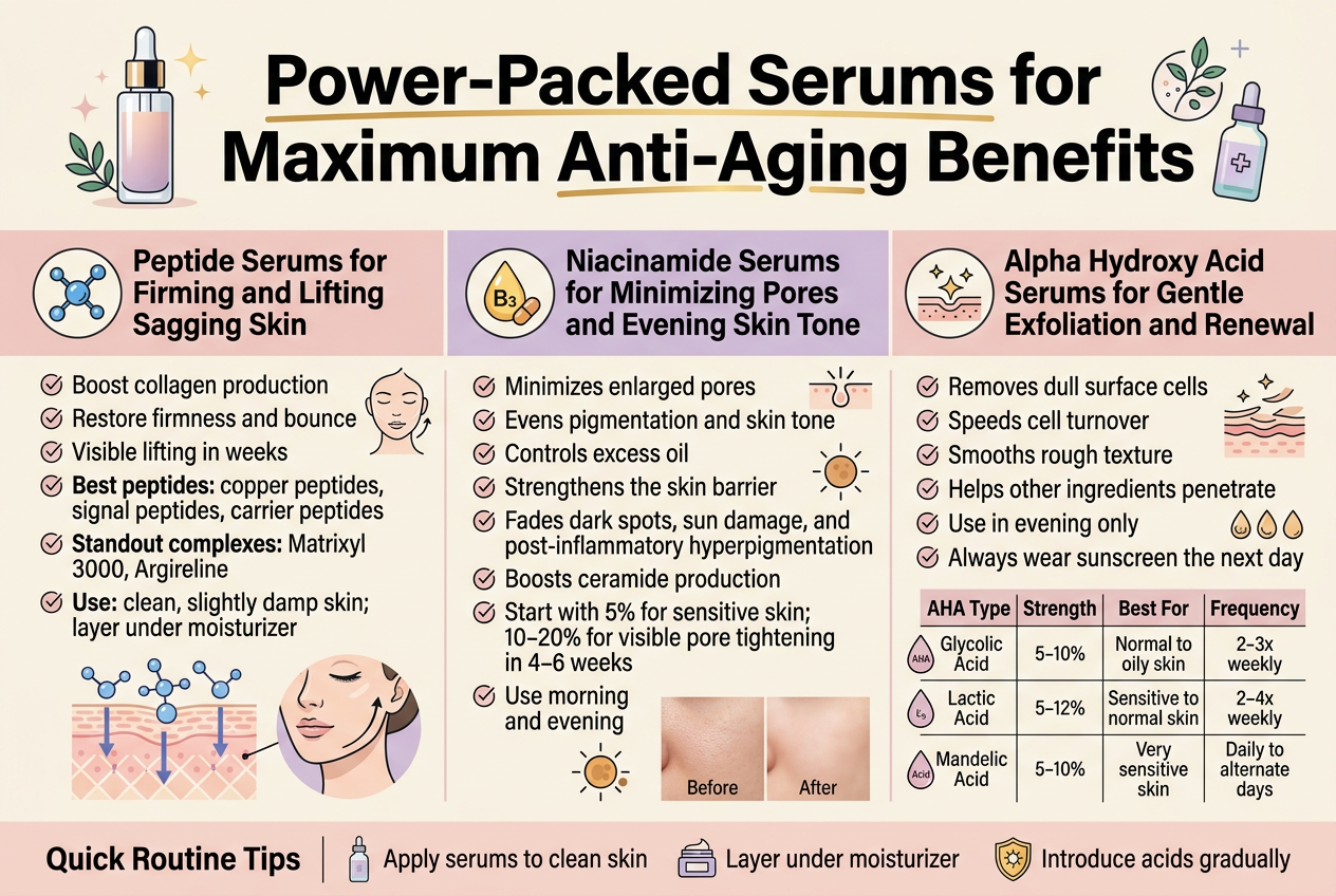 Create a full-bleed, wide 3:2 infographic in a clean modern skincare aesthetic with soft cream background, blush pink, lavender, teal, and gold accents, using crisp sans-serif typography and bold section headers. Add a large bold title across the top: "Power-Packed Serums for Maximum Anti-Aging Benefits". Use a professional, bright, editorial layout with three wide horizontal content panels arranged side-by-side or in stacked wide bands, not a narrow vertical poster. Top header area: include a sleek skincare bottle illustration, subtle glow effects, and small botanical/clinical style accents. Place the title centered or slightly left-aligned in dark charcoal with gold highlight lines. Section 1 on the left: a panel titled "Peptide Serums for Firming and Lifting Sagging Skin" with a blue molecular chain icon and a lifted-face outline icon. Include concise bullet points with check icons: "Boost collagen production" "Restore firmness and bounce" "Visible lifting in weeks" "Best peptides: copper peptides, signal peptides, carrier peptides" "Standout complexes: Matrixyl 3000, Argireline" "Use: clean, slightly damp skin; layer under moisturizer" Show a small sub-visual of molecules penetrating skin layers, with arrows pointing downward into the dermis and a lifted jawline/eye area. Section 2 in the center: a panel titled "Niacinamide Serums for Minimizing Pores and Evening Skin Tone" with a vitamin B3 capsule icon, pore-shrinking dot graphic, and a sun/dark spot icon. Include bullet points: "Minimizes enlarged pores" "Evens pigmentation and skin tone" "Controls excess oil" "Strengthens the skin barrier" "Fades dark spots, sun damage, and post-inflammatory hyperpigmentation" "Boosts ceramide production" "Start with 5% for sensitive skin; 10–20% for visible pore tightening in 4–6 weeks" "Use morning and evening" Show a smooth skin texture before/after mini comparison with smaller pores and more even tone. Section 3 on the right: a panel titled "Alpha Hydroxy Acid Serums for Gentle Exfoliation and Renewal" with an exfoliation sparkle icon, layered skin-shed graphic, and three small acid icons. Include bullet points: "Removes dull surface cells" "Speeds cell turnover" "Smooths rough texture" "Helps other ingredients penetrate" "Use in evening only" "Always wear sunscreen the next day" Add a small comparison table in a neat infographic style with four columns and clean borders: "| AHA Type | Strength | Best For | Frequency |" "| Glycolic Acid | 5-10% | Normal to oily skin | 2-3x weekly |" "| Lactic Acid | 5-12% | Sensitive to normal skin | 2-4x weekly |" "| Mandelic Acid | 5-10% | Very sensitive skin | Daily to alternate days |" Use small acid droplet icons beside each row. Bottom strip across the full width: a slim summary band titled "Quick Routine Tips" with three icon bullets: "Apply serums to clean skin" "Layer under moisturizer" "Introduce acids gradually" Use tiny serum bottle, moisturizer jar, and sun shield icons. Keep text legible, balanced, and neatly aligned. Use subtle dividing lines, ample whitespace, and a polished medical-beauty infographic style.
