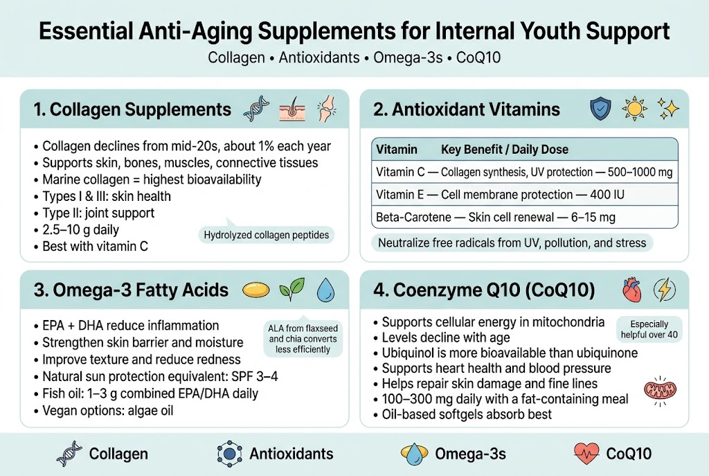 Create a clean, professional full-bleed infographic in landscape 3:2 aspect ratio with a modern medical-wellness style, white background with soft teal, navy, gold, and coral accents. Use a bold sans-serif title at the top center: "Essential Anti-Aging Supplements for Internal Youth Support". Place a subtle subtitle line below in smaller text: "Collagen • Antioxidants • Omega-3s • CoQ10". Use a wide horizontal 4-section layout across the page, with clear visual hierarchy, thin dividers, and rounded rectangular content blocks. Include small flat vector icons, polished and consistent, with no photo elements. Section 1 on the left: "1. Collagen Supplements" with a collagen helix icon, skin and joint icons, and a short bullet list: "• Collagen declines from mid-20s, about 1% each year" "• Supports skin, bones, muscles, connective tissues" "• Marine collagen = highest bioavailability" "• Types I & III: skin health" "• Type II: joint support" "• 2.5–10 g daily" "• Best with vitamin C" Add a small callout badge: "Hydrolyzed collagen peptides" Section 2 next to it: "2. Antioxidant Vitamins" with shield, sun, and sparkle icons. Include a neat mini-table with three rows and two columns labeled "Vitamin" and "Key Benefit / Daily Dose". Rows: "Vitamin C — Collagen synthesis, UV protection — 500–1000 mg" "Vitamin E — Cell membrane protection — 400 IU" "Beta-Carotene — Skin cell renewal — 6–15 mg" Add a small line beneath: "Neutralize free radicals from UV, pollution, and stress" Section 3 next to it: "3. Omega-3 Fatty Acids" with fish oil capsule, leaf, and water-drop icons. Include bullets: "• EPA + DHA reduce inflammation" "• Strengthen skin barrier and moisture" "• Improve texture and reduce redness" "• Natural sun protection equivalent: SPF 3–4" "• Fish oil: 1–3 g combined EPA/DHA daily" "• Vegan options: algae oil" Add a small note badge: "ALA from flaxseed and chia converts less efficiently" Section 4 on the right: "4. Coenzyme Q10 (CoQ10)" with mitochondria, heart, and energy bolt icons. Include bullets: "• Supports cellular energy in mitochondria" "• Levels decline with age" "• Ubiquinol is more bioavailable than ubiquinone" "• Supports heart health and blood pressure" "• Helps repair skin damage and fine lines" "• 100–300 mg daily with a fat-containing meal" "• Oil-based softgels absorb best" Add a small accent badge: "Especially helpful over 40" At the bottom spanning the full width, add a simple summary strip with four small icons and short labels: "Collagen" "Antioxidants" "Omega-3s" "CoQ10" Use crisp typography, balanced spacing, and clean infographic icons. Keep text legible, aligned, and organized in wide horizontal blocks, with no crowded vertical stack.