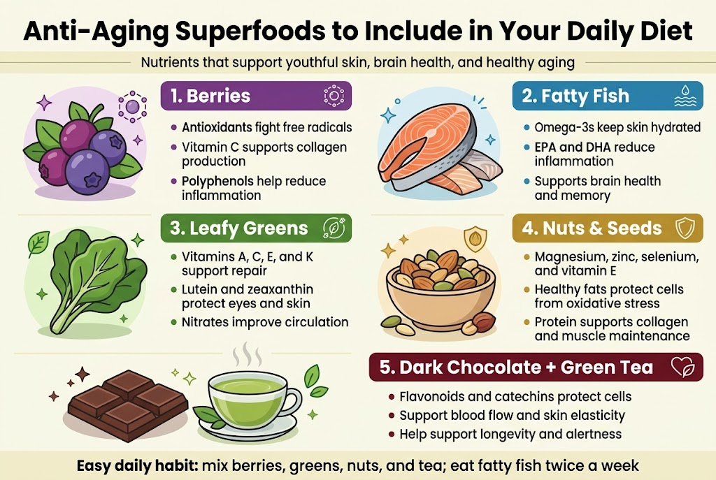 Create a full-bleed landscape infographic in 3:2 aspect ratio with a clean modern health-and-wellness style, bright natural colors, and strong visual hierarchy. Use a white or very light cream background with green, purple, blue, gold, and deep red accents. Use bold sans-serif typography for headings and smaller readable sans-serif body text. No poster frame, no borders, no inset margins. Top across the full width: large bold title text, centered: "Anti-Aging Superfoods to Include in Your Daily Diet" Under the title, add a thin horizontal subtitle strip with small text: "Nutrients that support youthful skin, brain health, and healthy aging" Main layout: five wide horizontal or grid sections across the page, each with a colored header bar, a large food illustration, and 3 short benefit bullets. Include a clear numbered marker and icon for each section. Section 1 on upper left: purple berry cluster illustration with a small antioxidant sparkle icon. Header text: "1. Berries". Bullets: "Antioxidants fight free radicals" "Vitamin C supports collagen production" "Polyphenols help reduce inflammation" Section 2 on upper right: salmon fillet and other fatty fish illustration with a water wave icon. Header text: "2. Fatty Fish". Bullets: "Omega-3s keep skin hydrated" "EPA and DHA reduce inflammation" "Supports brain health and memory" Section 3 across middle left: leafy greens bunch illustration with a leaf and cell-repair icon. Header text: "3. Leafy Greens". Bullets: "Vitamins A, C, E, and K support repair" "Lutein and zeaxanthin protect eyes and skin" "Nitrates improve circulation" Section 4 across middle right: nuts and seeds bowl illustration with a nut and shield icon. Header text: "4. Nuts & Seeds". Bullets: "Magnesium, zinc, selenium, and vitamin E" "Healthy fats protect cells from oxidative stress" "Protein supports collagen and muscle maintenance" Section 5 across bottom wide section: dark chocolate squares beside a steaming cup of green tea, with a heart and leaf icon. Header text: "5. Dark Chocolate + Green Tea". Bullets: "Flavonoids and catechins protect cells" "Support blood flow and skin elasticity" "Help support longevity and alertness" Add a slim bottom banner with a concise action line in bold: "Easy daily habit: mix berries, greens, nuts, and tea; eat fatty fish twice a week" Use simple food illustrations, clean outlines, soft shadows, and small decorative sparkles/leaf motifs. Keep all text crisp, legible, and well spaced. Emphasize the title and section headers with darker bold text; use colored section icons and number badges.