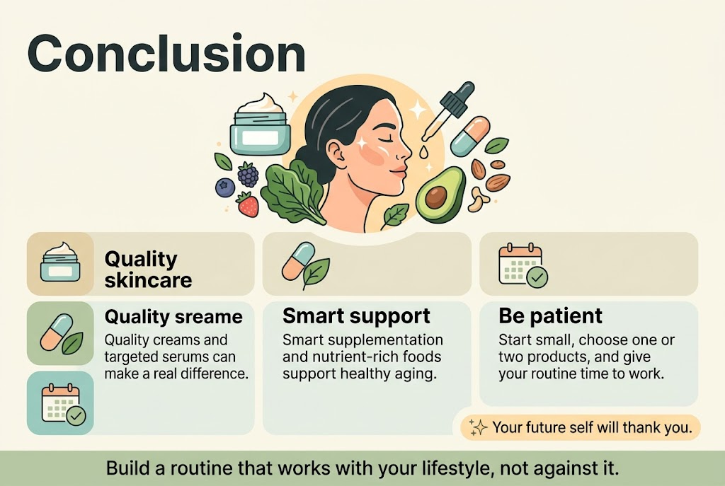 Create a clean modern infographic illustration in a full-bleed 3:2 aspect ratio, with a bright wellness aesthetic in soft cream, sage green, light teal, peach, and charcoal text. Use a wide horizontal layout with a bold title at the top left reading "Conclusion" in a large sans-serif font. Below the title, place a centered hero illustration spanning the upper middle: a glowing healthy face profile surrounded by skincare cream jar, serum dropper, supplement capsule, and fresh foods like berries, leafy greens, avocado, and nuts, arranged in a balanced circular composition. Organize the main content into three wide horizontal sections across the lower half, each in its own rounded rectangle block with a small icon on the left and bold subheading text: 1. A cream jar icon with the heading "Quality skincare" and the text "Quality creams and targeted serums can make a real difference." 2. A capsule and leaf icon with the heading "Smart support" and the text "Smart supplementation and nutrient-rich foods support healthy aging." 3. A calendar and checkmark icon with the heading "Be patient" and the text "Start small, choose one or two products, and give your routine time to work." Add a slim bottom banner across the full width with the closing message in slightly larger text: "Build a routine that works with your lifestyle, not against it." Add a small highlighted callout near the lower right with a subtle sparkle icon and the text "Your future self will thank you." Use clear visual hierarchy, bold headings, simple icons, ample whitespace, and a polished editorial infographic style. No frame, no border, no vertical poster stack.