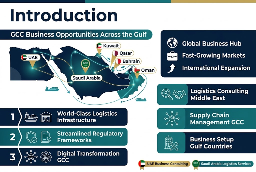 Create a clean, professional full-bleed infographic in 3:2 aspect ratio with a modern corporate style, using deep navy, teal, white, and gold accents. Use a wide horizontal layout with multiple sections, not a vertical poster. 

Top header across the full width: bold title in large sans-serif text, "Introduction". Below it, a smaller subtitle: "GCC Business Opportunities Across the Gulf". 

Main center-left section: a large map-style illustration of the GCC region with six labeled country markers and small flag icons: "UAE", "Saudi Arabia", "Kuwait", "Qatar", "Bahrain", "Oman". Surround the map with glowing connection خطوط and shipping route lines. 

Top-right block with a globe, briefcase, and upward arrow icons, and the text: "Global Business Hub", "Fast-Growing Markets", "International Expansion". 

Bottom-left section in three horizontal numbered blocks with icons:
1. a cargo ship and warehouse icon with the text "World-Class Logistics Infrastructure"
2. a shield and document icon with the text "Streamlined Regulatory Frameworks"
3. a network and gears icon with the text "Digital Transformation GCC"

Bottom-right section in three horizontal blocks with icons:
1. a magnifying glass and handshake icon with the text "Logistics Consulting Middle East"
2. a supply chain nodes icon with the text "Supply Chain Management GCC"
3. a building and wrench icon with the text "Business Setup Gulf Countries"

Add a small footer ribbon with two highlighted labels and icons:
"UAE Business Consulting" and "Saudi Arabia Logistics Services"

Use clear visual hierarchy, bold section headers, crisp iconography, subtle gradients, and ample spacing. Include only the visible text exactly as written above.