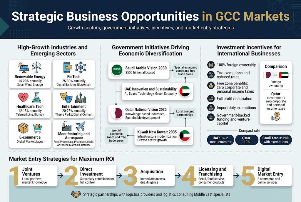 Create a clean, professional full-bleed infographic illustration in a 3:2 aspect ratio with a modern GCC business theme, using a deep navy, teal, white, and gold color palette, subtle geometric patterns, crisp sans-serif fonts, and clear visual hierarchy.

Top header across the full width:
Large bold title in white and gold: "Strategic Business Opportunities in GCC Markets"
Small subtitle beneath: "Growth sectors, government initiatives, incentives, and market entry strategies"

Main layout: wide 4-panel horizontal infographic with balanced columns and sections, not a vertical poster.

Left large section titled "High-Growth Industries and Emerging Sectors" with 6 icon-based blocks in a grid:
1. Solar panel and wind turbine icon with text: "Renewable Energy" and "15-20% annually" and "Solar, Wind, Storage"
2. Digital banking phone and blockchain cube icon with text: "FinTech" and "25-30% annually" and "Digital Banking, Blockchain"
3. Heart monitor and biotech flask icon with text: "Healthcare Tech" and "12-18% annually" and "Telemedicine, Biotech"
4. Theater mask and skyline icon with text: "Entertainment" and "20-25% annually" and "Theme Parks, Digital Content"
5. Shipping box and e-commerce cart icon with text: "E-commerce" and "Digital Marketplaces"
6. Factory and aircraft icon with text: "Manufacturing and Aerospace" and "Food Processing, Pharmaceuticals, Advanced Materials, Defense"

Center section titled "Government Initiatives Driving Economic Diversification" with a connected timeline or stacked cards, each with a country flag-style icon and short text:
- "Saudi Arabia Vision 2030" with "$500 billion allocated"
- "UAE Innovation and Sustainability" with "AI, Space Technology, Green Economy"
- "Qatar National Vision 2030" with "Knowledge-based industries, Sustainable development"
- "Kuwait New Kuwait 2035" with "Infrastructure modernization, Private sector growth"
Include a small callout box: "Special economic zones and free trade areas" and another callout: "Local content partnerships"

Right section titled "Investment Incentives for International Businesses" with icon bullets and a clean comparison card:
- "100% foreign ownership"
- "Tax exemptions and reduced rates"
- "Free zone benefits: zero corporate and personal income taxes"
- "Full profit repatriation"
- "Import duty exemptions"
- "Government-backed funding and venture capital"
Add a compact rate strip with three labeled pills:
"UAE: 0% in most emirates"
"Qatar: 10%"
"Saudi Arabia: 20% with exemptions"

Bottom wide section titled "Market Entry Strategies for Maximum ROI" with 5 numbered blocks connected by arrows:
1. "Joint Ventures"
2. "Direct Investment"
3. "Acquisition"
4. "Licensing and Franchising"
5. "Digital Market Entry"
Include small supporting text under each:
"Local partners, market knowledge"
"Subsidiary establishment, full control"
"Immediate access, due diligence"
"Retail, food service, consumer products"
"E-commerce and online services"
Add a final support strip with an icon and text: "Strategic partnerships with logistics providers and logistics consulting Middle East specialists"

Use clear section dividers, soft shadow cards, gold accent numbers, and small illustrative icons for each category. Ensure all text is legible, aligned, and visually balanced across the wide landscape layout.