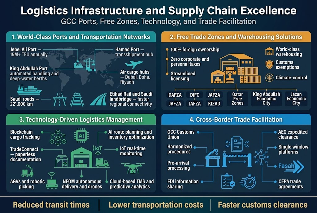 Create a full-bleed professional infographic in a clean modern corporate style, aspect ratio 3:2, with a deep navy, teal, white, and gold color palette, subtle gradient background, crisp sans-serif fonts, and strong visual hierarchy.

Top header across the full width:
Large bold title in white: "Logistics Infrastructure and Supply Chain Excellence"
Subtitle in smaller text beneath: "GCC Ports, Free Zones, Technology, and Trade Facilitation"

Use a wide 2-row, 4-section infographic layout with clear numbered blocks, icons, and short text callouts. Avoid a narrow vertical layout.

Section 1 on the upper left, titled in a teal banner:
"1. World-Class Ports and Transportation Networks"
Include a world map silhouette, port cranes, cargo ship, highway lines, rail track, and airplane icons.
Add short metric callouts:
"Jebel Ali Port — 15M+ TEU annually"
"King Abdullah Port — automated handling and deep-water berths"
"Hamad Port — transshipment hub"
"Saudi roads — 221,000 km"
"Air cargo hubs — Dubai, Doha, Riyadh"
"Etihad Rail and Saudi landbridge — faster regional connectivity"

Section 2 on the upper right, titled in an orange banner:
"2. Free Trade Zones and Warehousing Solutions"
Show warehouse buildings, stacked containers, a customs stamp, a shield, and a climate-control icon.
Include labeled benefit bullets:
"100% foreign ownership"
"Zero corporate and personal taxes"
"Streamlined licensing"
"World-class warehousing"
"Customs exemptions"
Add zone labels:
"DAFZA"
"DIFC"
"JAFZA"
"KIZAD"
"Qatar Free Zones"
"King Abdullah Economic City"
"Jazan Economic City"

Section 3 on the lower left, titled in a green banner:
"3. Technology-Driven Logistics Management"
Show blockchain nodes, AI chip, IoT sensors, a smart warehouse, AGV robot, and drone icons.
Include short callouts:
"Blockchain cargo tracking"
"TradeConnect — paperless documentation"
"AI route planning and inventory optimization"
"IoT real-time monitoring"
"AGVs and robotic picking"
"NEOM autonomous delivery and drones"
"Cloud-based TMS and predictive analytics"

Section 4 on the lower right, titled in a blue banner:
"4. Cross-Border Trade Facilitation"
Show customs gate, digital document flow, connected network lines, checklist, and fast-pass icon.
Include short callouts:
"GCC Customs Union"
"Harmonized procedures"
"Pre-arrival processing"
"EDI information sharing"
"AEO expedited clearance"
"Single window platforms"
"Fasah"
"CEPA trade agreements"

Add a thin horizontal summary strip at the bottom with three highlighted stats in large bold text:
"Reduced transit times"
"Lower transportation costs"
"Faster customs clearance"

Use white text on dark panels, colored section headers, neat iconography, thin connector lines, and balanced spacing. Keep all text sharp, legible, and exactly as written.