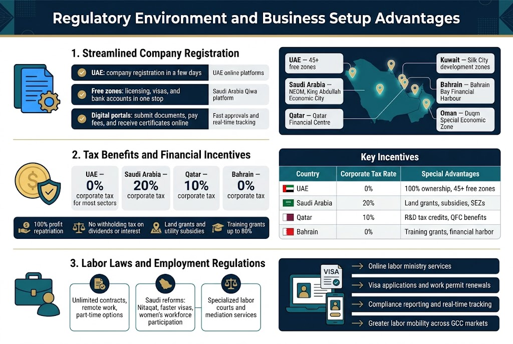 Create a clean professional full-bleed infographic illustration in a 3:2 aspect ratio with a modern GCC business theme, using deep navy, teal, white, gold accents, and subtle geometric patterns. Use a bold sans-serif headline at the top center: "Regulatory Environment and Business Setup Advantages". Place a thin gold line beneath the title.

Arrange the infographic in wide horizontal sections, not a vertical poster, with clear icons and numbered blocks.

Top row, left section: "1. Streamlined Company Registration" with a blue document-and-gear icon. Include three short bullet blocks with small check icons:
- "UAE: company registration in a few days"
- "Free zones: licensing, visas, and bank accounts in one stop"
- "Digital portals: submit documents, pay fees, and receive certificates online"
Add small supporting labels in the same block:
"UAE online platforms"
"Saudi Arabia Qiwa platform"
"Fast approvals and real-time tracking"

Top row, right section: a regional map-style panel of the GCC with glowing location markers and six labeled zone cards:
"UAE — 45+ free zones"
"Saudi Arabia — NEOM, King Abdullah Economic City"
"Qatar — Qatar Financial Centre"
"Kuwait — Silk City development zones"
"Bahrain — Bahrain Bay Financial Harbour"
"Oman — Duqm Special Economic Zone"

Middle row, left section: "2. Tax Benefits and Financial Incentives" with a gold coin icon and a shield icon. Show four compact stat cards with bold values:
"UAE — 0% corporate tax for most sectors"
"Saudi Arabia — 20% corporate tax"
"Qatar — 10% corporate tax"
"Bahrain — 0% corporate tax"
Add a smaller incentive strip with icons:
"100% profit repatriation"
"No withholding tax on dividends or interest"
"Land grants and utility subsidies"
"Training grants up to 80%"

Middle row, right section: a sleek comparison table titled "Key Incentives" with four rows and three columns labeled:
"Country"
"Corporate Tax Rate"
"Special Advantages"
Use readable table text:
"UAE | 0% | 100% ownership, 45+ free zones"
"Saudi Arabia | 20% | Land grants, subsidies, SEZs"
"Qatar | 10% | R&D tax credits, QFC benefits"
"Bahrain | 0% | Training grants, financial harbor"

Bottom row, left section: "3. Labor Laws and Employment Regulations" with a briefcase-and-people icon. Show three connected cards with icons:
"Unlimited contracts, remote work, part-time options"
"Saudi reforms: Nitaqat, faster visas, women’s workforce participation"
"Specialized labor courts and mediation services"

Bottom row, right section: a digital workflow panel with a laptop, phone, and visa document icons. Include three labeled steps with arrows:
"Online labor ministry services"
"Visa applications and work permit renewals"
"Compliance reporting and real-time tracking"
Add a final small line: "Greater labor mobility across GCC markets"

Use crisp infographic typography, strong hierarchy, evenly spaced blocks, clear pictograms, and minimal decorative elements. Ensure all text is sharp and legible. No people, no photorealism, no 3D rendering, no frame border. Use a balanced wide layout with strong alignment and clean separation between sections.