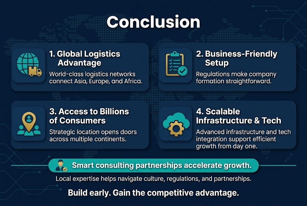 Create a clean, professional full-bleed infographic in 3:2 aspect ratio with a modern corporate style, deep navy background, teal and gold accents, white text, and subtle map-grid and network-line graphics. Place a bold heading at the top center in large sans-serif font: "Conclusion".

Arrange the content in four wide horizontal sections or two-column blocks across the canvas, avoiding a narrow vertical stack. Use clear numbered points with matching icons.

Section 1 on the upper left: a globe-and-shipping icon and the heading in bold: "1. Global Logistics Advantage" with supporting text: "World-class logistics networks connect Asia, Europe, and Africa."

Section 2 on the upper right: a clipboard-and-check icon and the heading in bold: "2. Business-Friendly Setup" with supporting text: "Regulations make company formation straightforward."

Section 3 on the lower left: a location-pin-and-people icon and the heading in bold: "3. Access to Billions of Consumers" with supporting text: "Strategic location opens doors across multiple continents."

Section 4 on the lower right: a gear-and-cloud icon and the heading in bold: "4. Scalable Infrastructure & Tech" with supporting text: "Advanced infrastructure and tech integration support efficient growth from day one."

Along the bottom center, add a highlighted callout bar in teal with a small consultant icon and bold text: "Smart consulting partnerships accelerate growth." Beneath it, in smaller text: "Local expertise helps navigate culture, regulations, and partnerships." Add a final emphasized closing line at the bottom: "Build early. Gain the competitive advantage."

Use clean alignment, strong visual hierarchy, rounded info cards, subtle shadows, crisp infographic icons, and ample spacing. Include only the exact text shown.